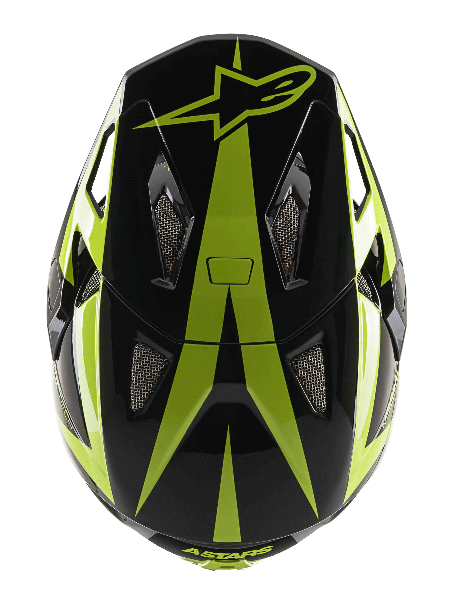 Alpinestars Missile Tech-Air Full Face Helmet, casco da MTB, nero e giallo fluo lucido, vista dall'alto che mostra il logo a stella e le prese d'aria a rete