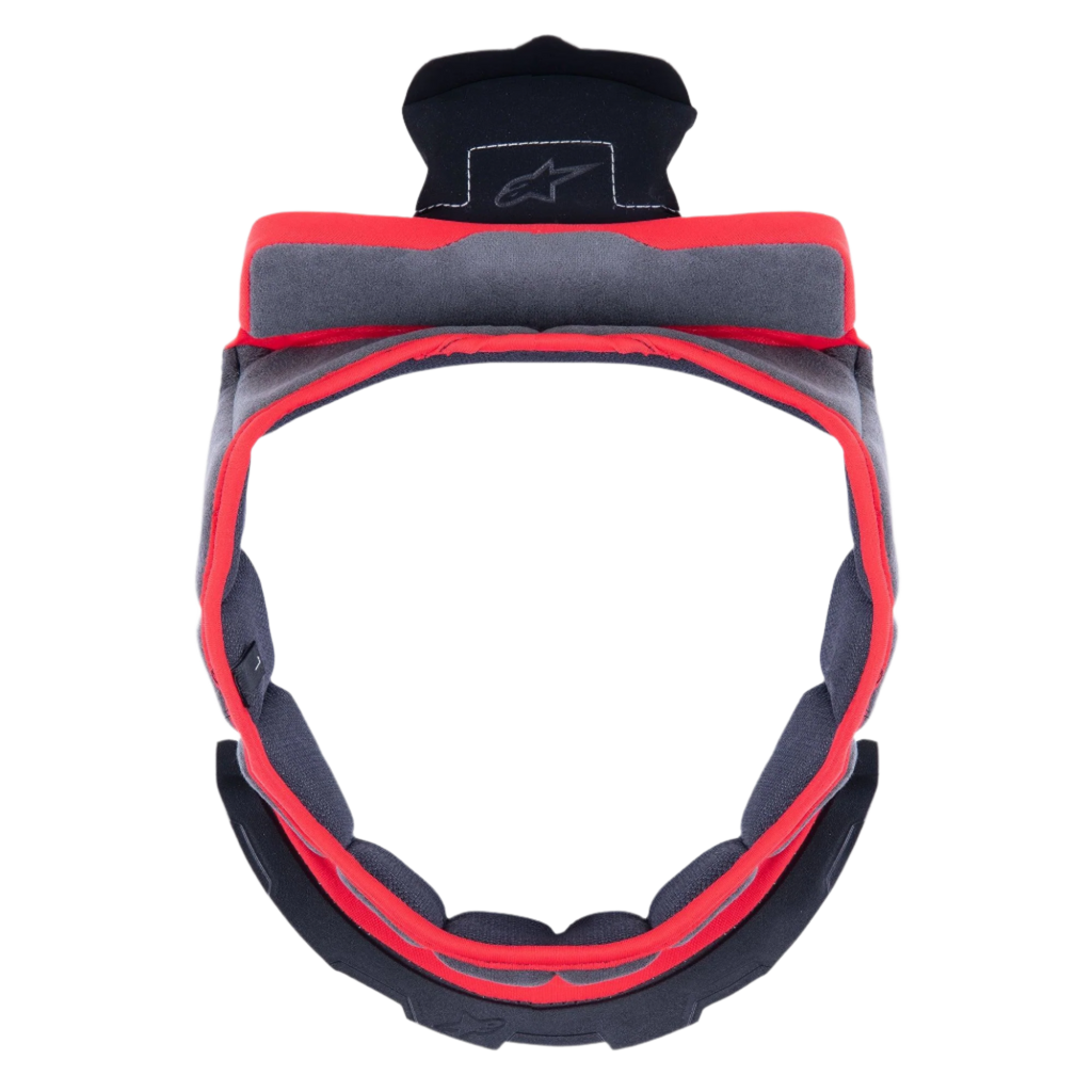 Alpinestars Supertech R10 Crown Pad, imbottitura interna di ricambio per casco grigia, forma circolare con profili rossi e tessuto grigio, componenti di fissaggio in plastica nera con logo Alpinestars, progettata per il comfort e la personalizzazione della calzata