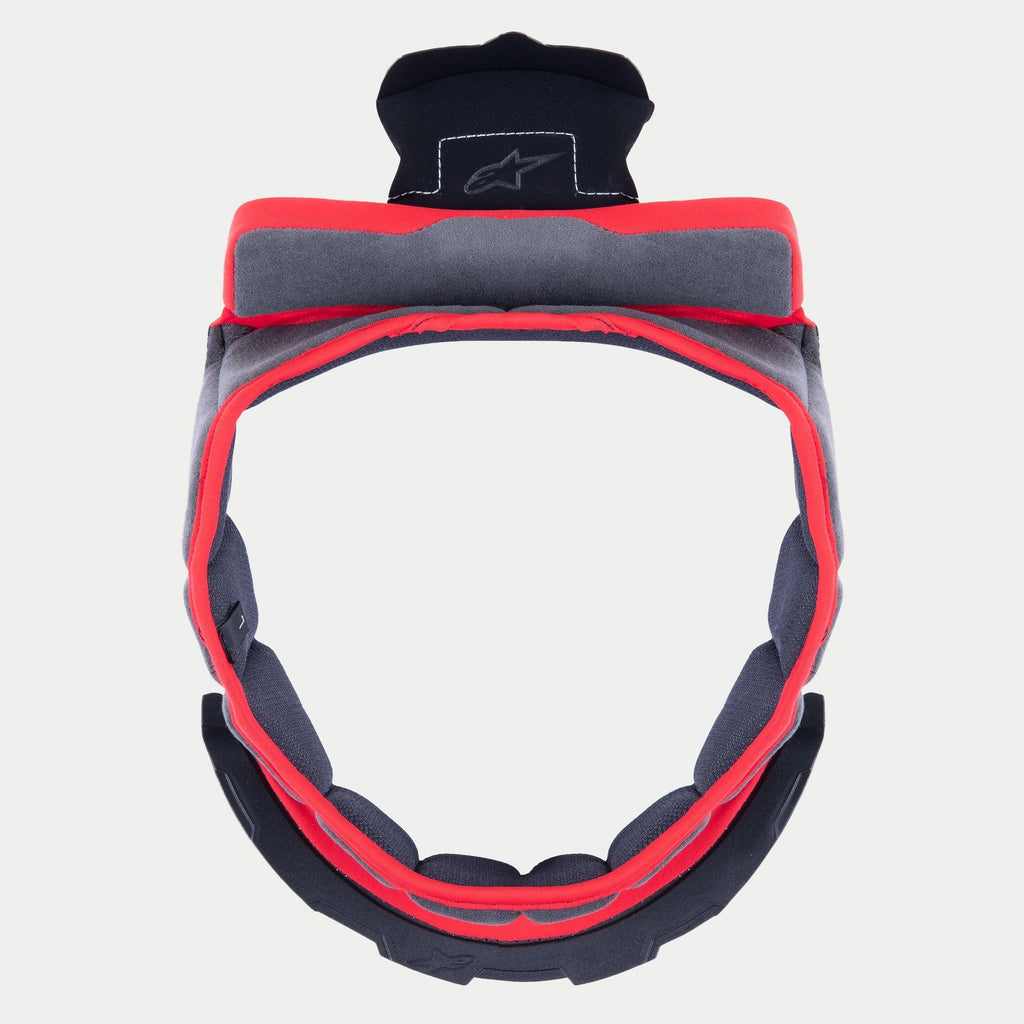 Alpinestars Supertech R10 Crown Pad, imbottitura interna di ricambio per casco, morbido tessuto grigio con bordi rossi e linguette di fissaggio nere, design circolare per caschi S-R10, con logo a stella ricamato sulla linguetta superiore
