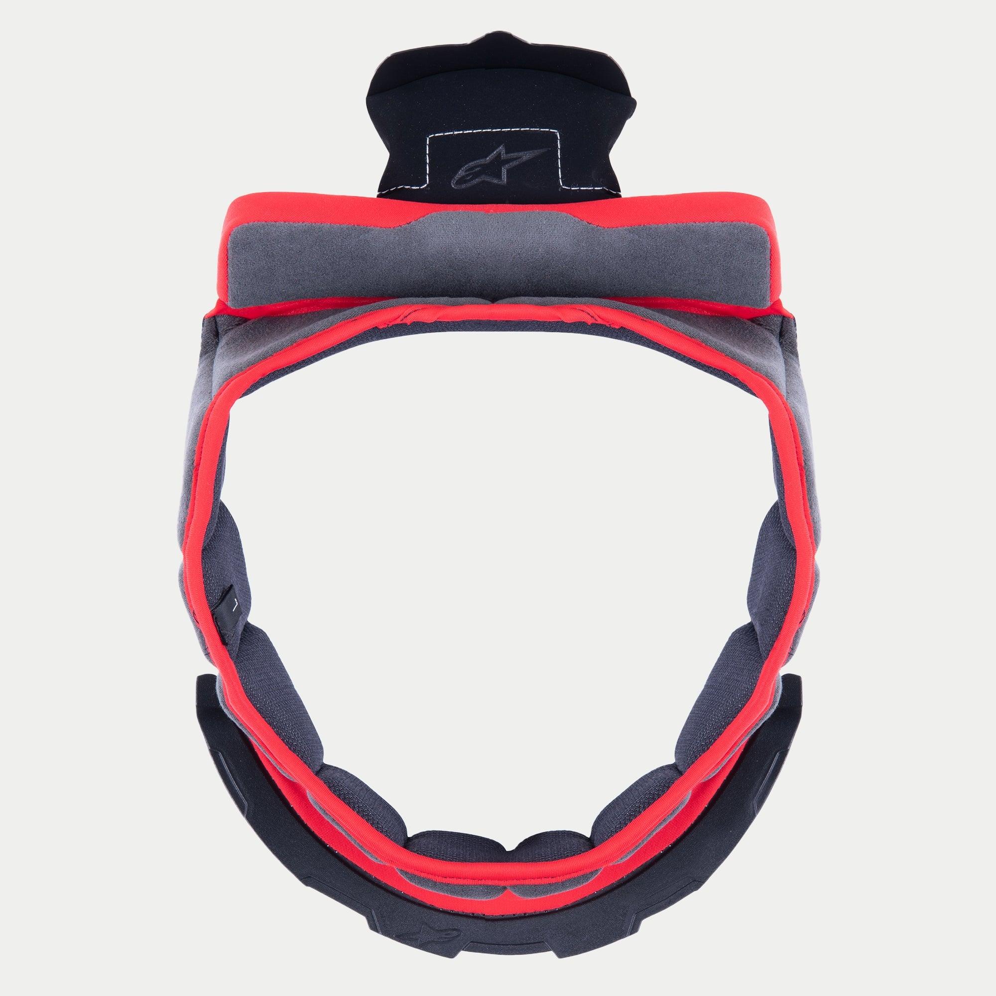 Alpinestars Supertech R10 Crown Pad, imbottitura interna di ricambio per casco, morbido tessuto grigio con bordi rossi e linguette di fissaggio nere, design circolare per caschi S-R10, con logo a stella ricamato sulla linguetta superiore