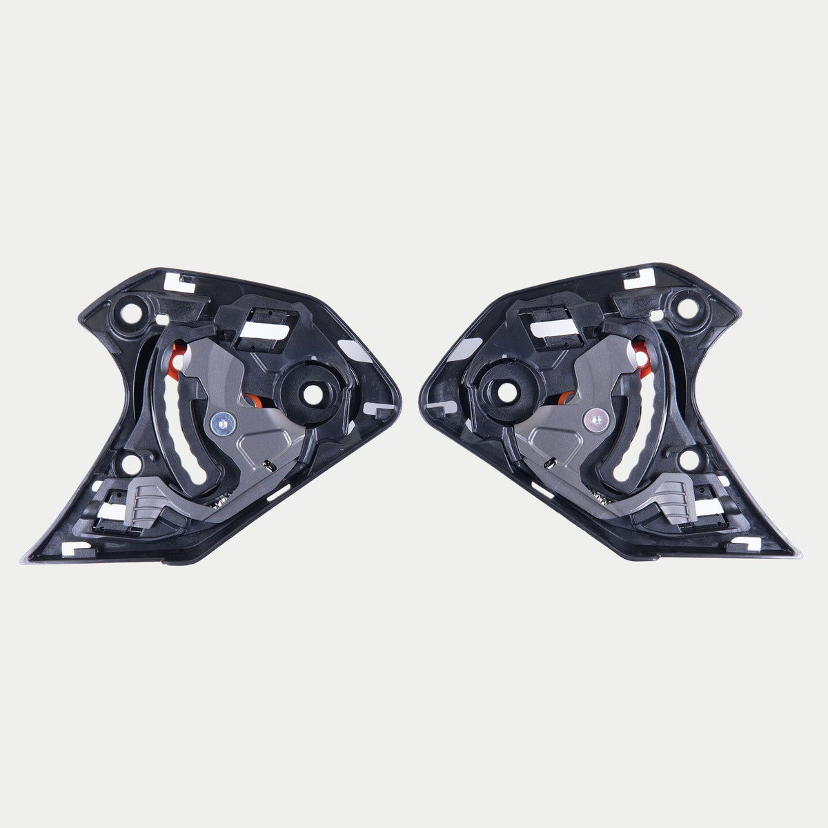Meccanismo visiera Alpinestars Supertech R10, accessorio per casco, nero, coppia di meccanismi visiera di ricambio per caschi S-R10, componenti in plastica nera con parti meccaniche visibili in metallo e arancione, hardware essenziale per il funzionamento della visiera