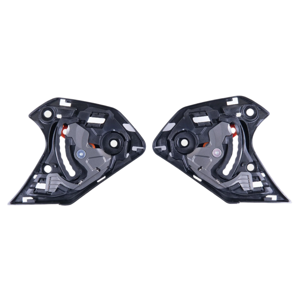 Alpinestars Supertech R10 Shield Mechanism, coppia di meccanismi di ricambio neri per visiera, componenti destro e sinistro con perni meccanici e punti di montaggio per caschi da moto S-R10
