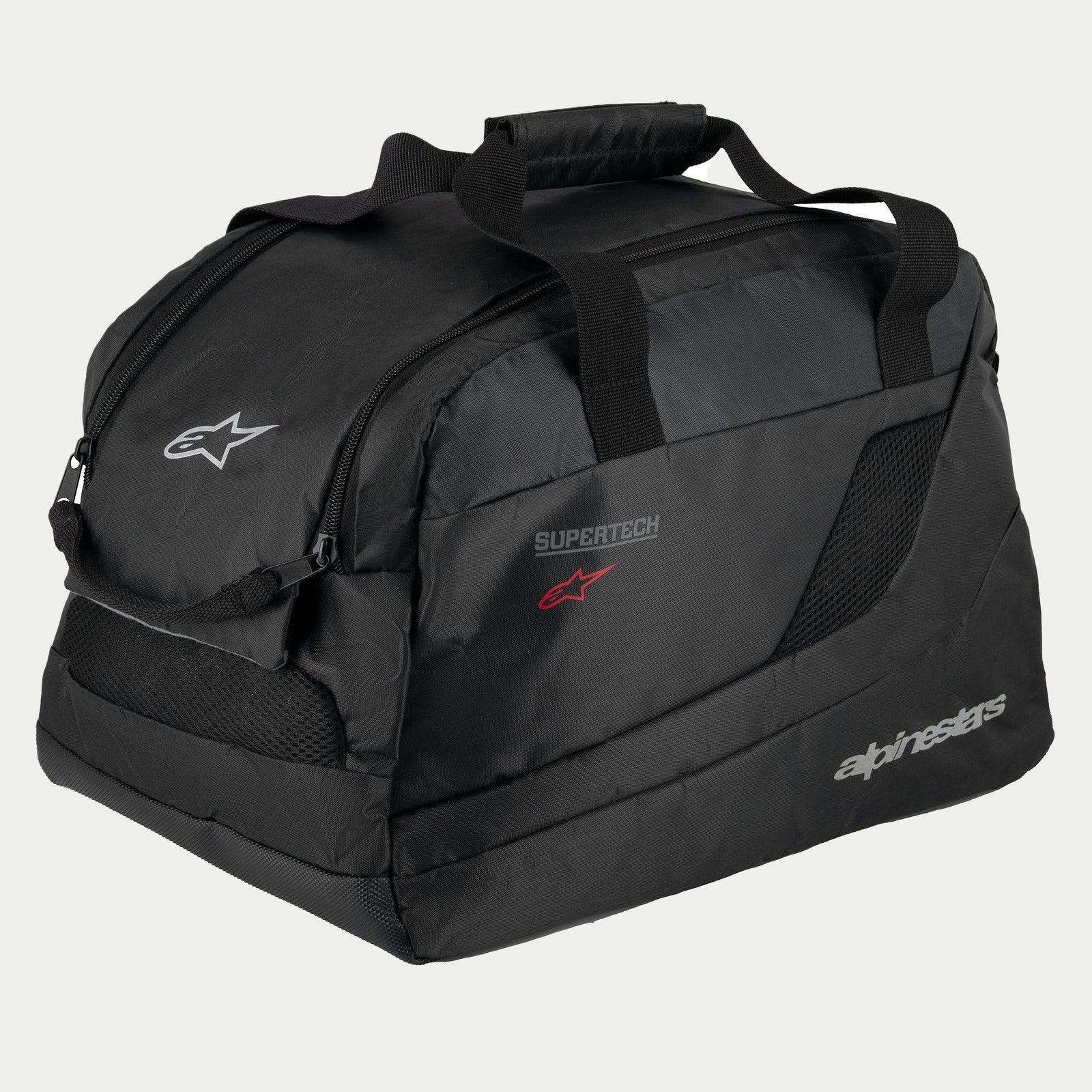 Borsa porta-casco Alpinestars Supertech R10, nero, costruzione semi-rigida imbottita per caschi da moto, con maniglie di trasporto e chiusura a strappo, apertura con cerniera, inserti di ventilazione in rete e loghi riflettenti Alpinestars e Supertech
