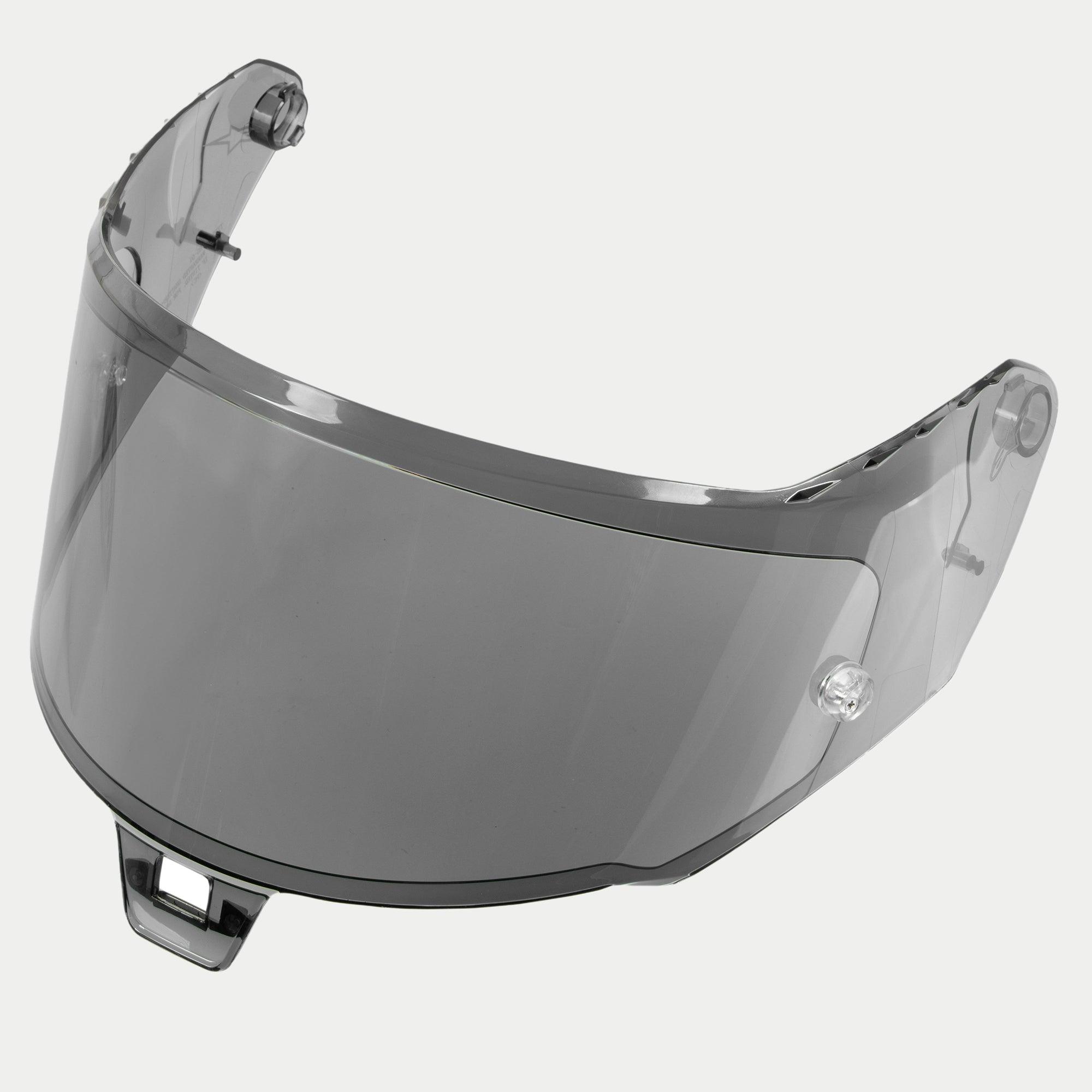 Alpinestars Supertech R10 AFHS-01 Shield, visiera per casco, fumo chiaro, plastica grigia semitrasparente, design aerodinamico curvo con punti di fissaggio laterali e linguetta centrale, ricambio per casco racing S-R10