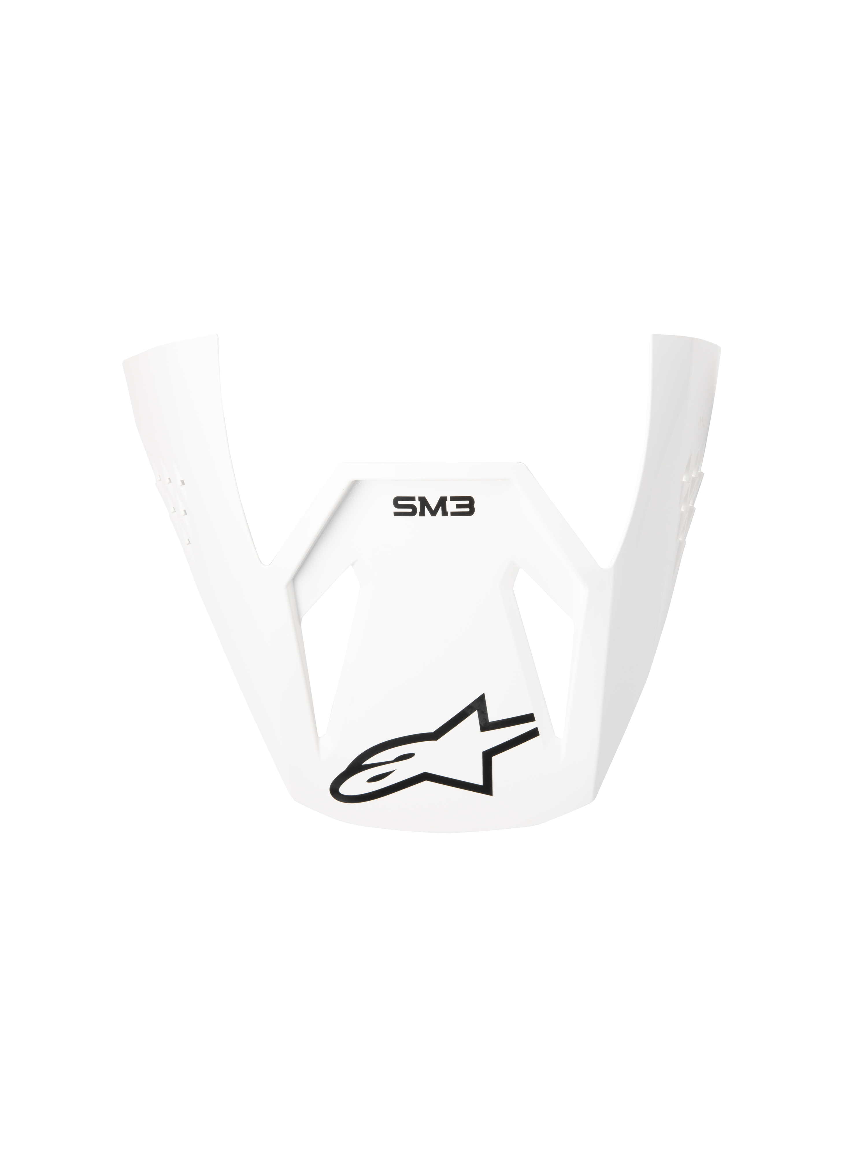 Visiera Alpinestars S-M3 Solid ECE06, frontino di ricambio bianco lucido per caschi da motocross, con marchio SM3 nero e logo Alpinestars a stella, design angolare e aerodinamico per prestazioni off-road
