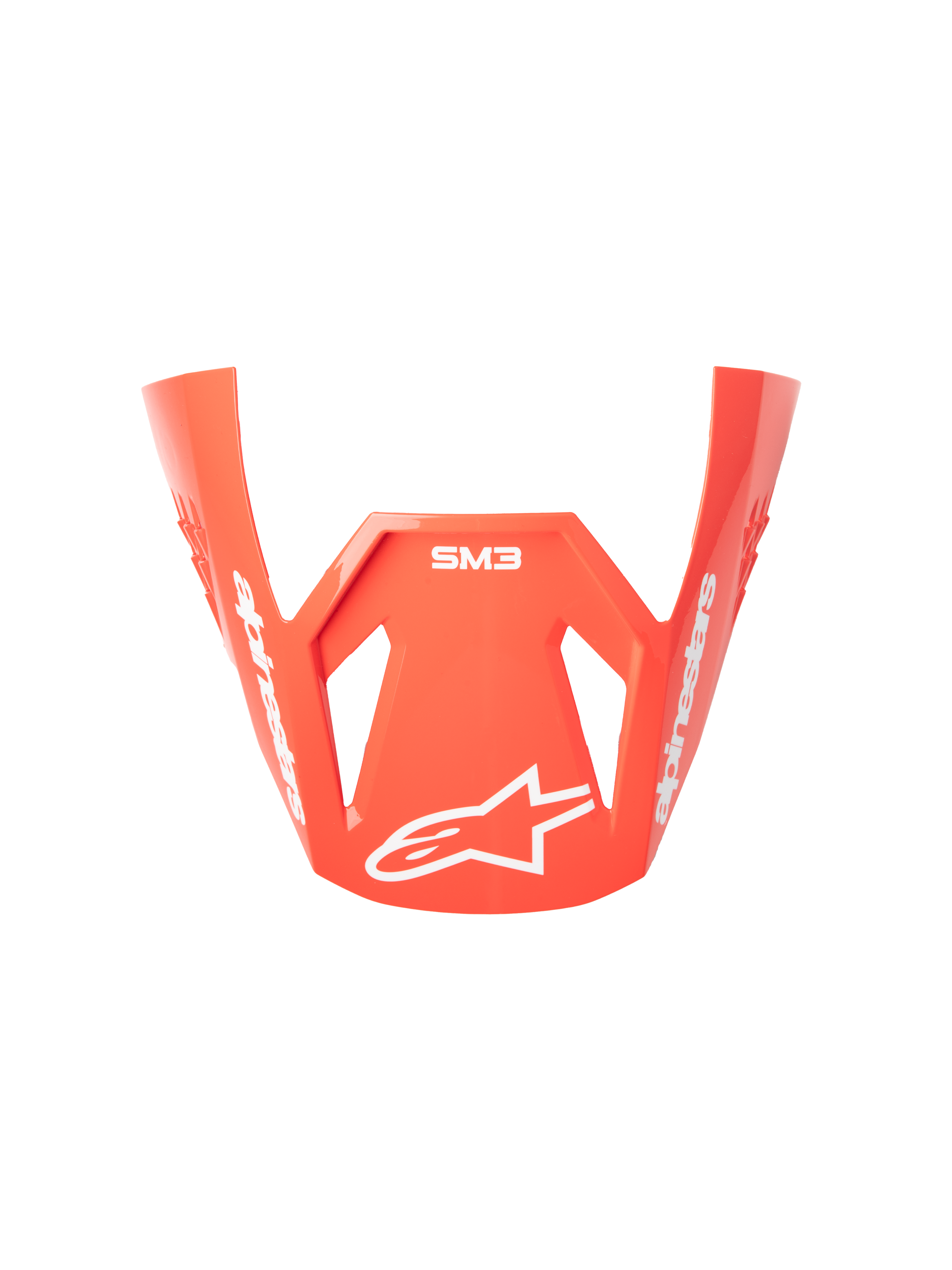 Visiera Alpinestars S-M3 Radium, frontino per casco da motocross, rosso fluo, finitura lucida, con branding Alpinestars e logo a stella bianchi, design aerodinamico angolare per uso motocross e fuoristrada