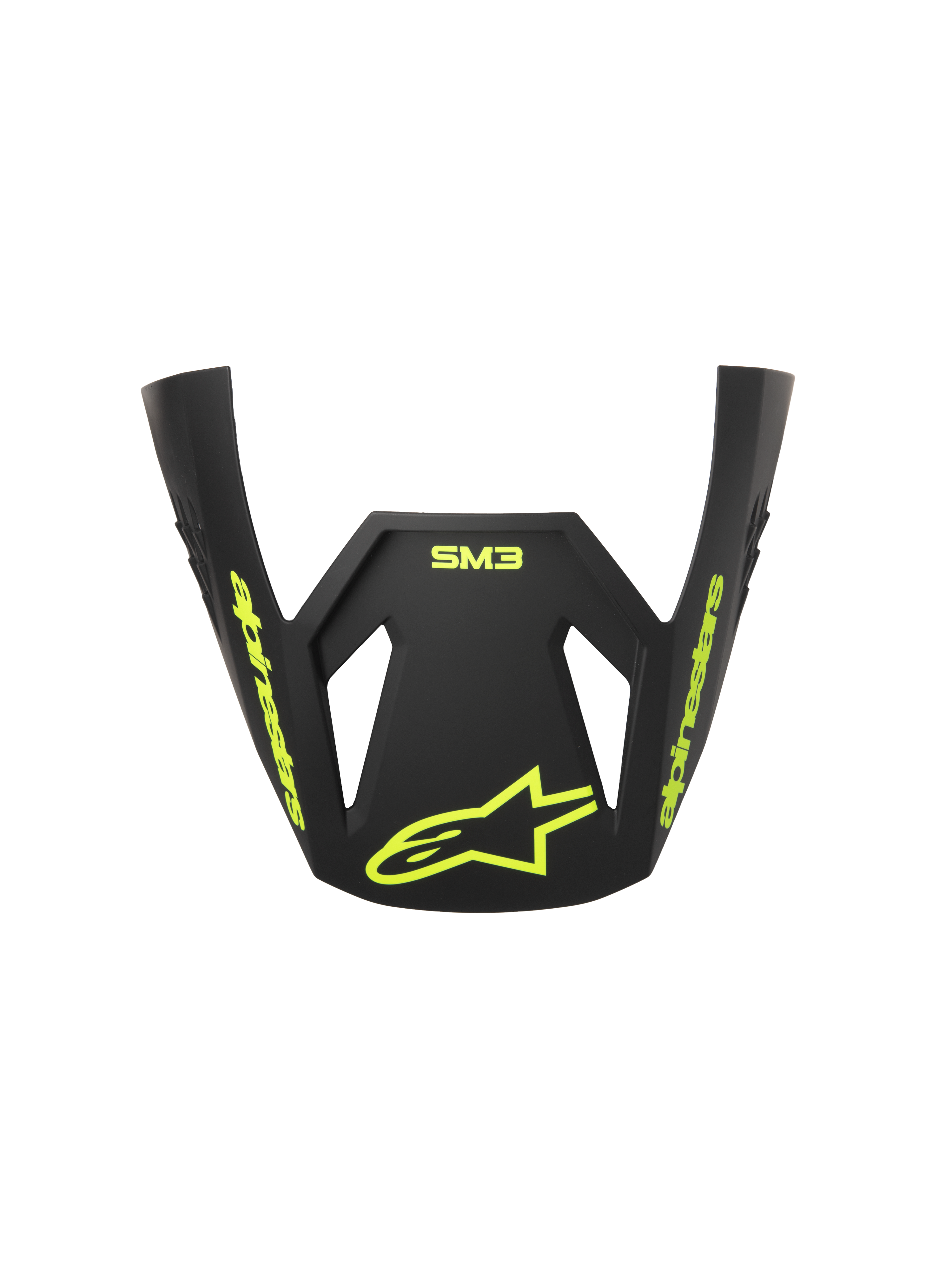 Visiera Alpinestars S-M3 Radium ECE06, frontino di ricambio per casco da motocross, grigio, nero e giallo fluo opaco, con branding e logo a stella Alpinestars giallo fluo, finitura opaca, design aerodinamico per gare fuoristrada