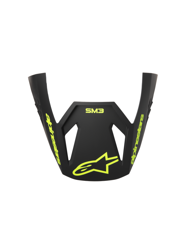 Visiera Alpinestars S-M3 Radium ECE06, frontino di ricambio per casco da motocross, grigio, nero e giallo fluo opaco, con branding e logo a stella Alpinestars giallo fluo, finitura opaca, design aerodinamico per gare fuoristrada