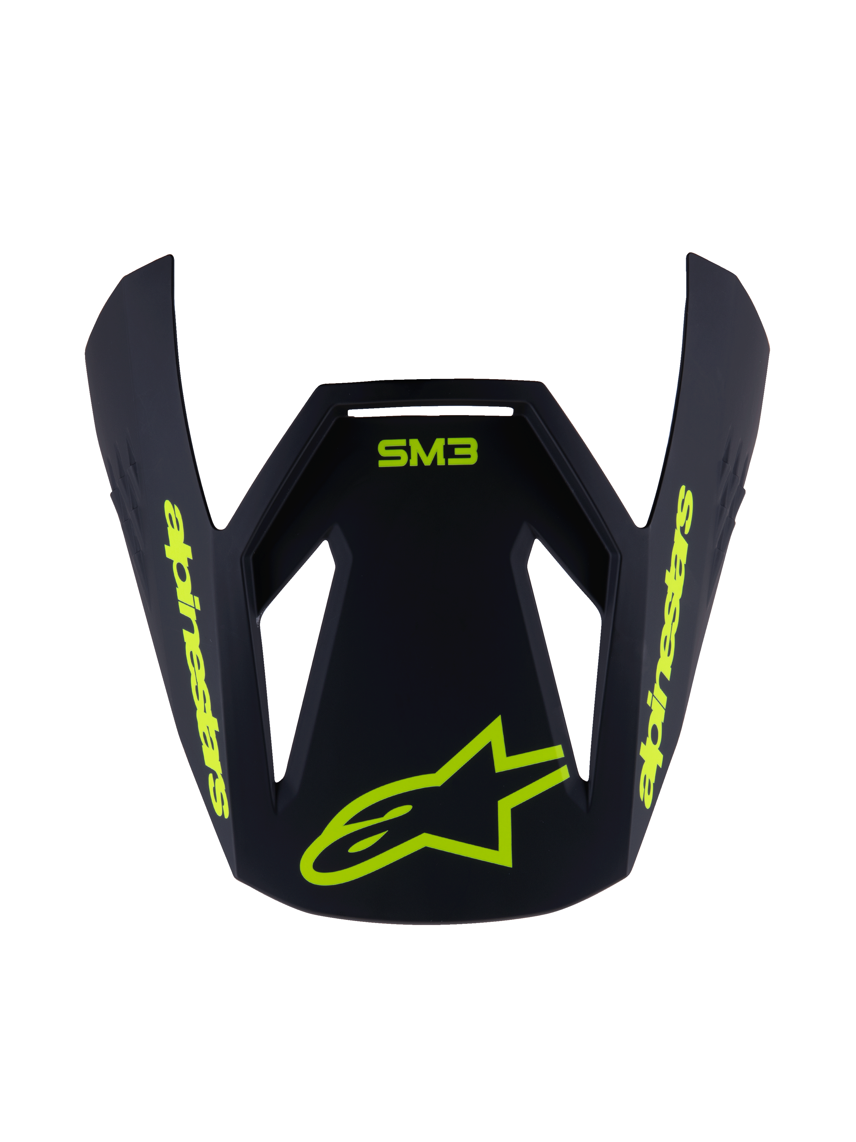 Alpinestars Visiera S-M3 Youth Radium, frontino di ricambio per casco, nero opaco con grafiche giallo fluo, con logo SM3 e marchio Alpinestars, design aerodinamico angolare per caschi da motocross