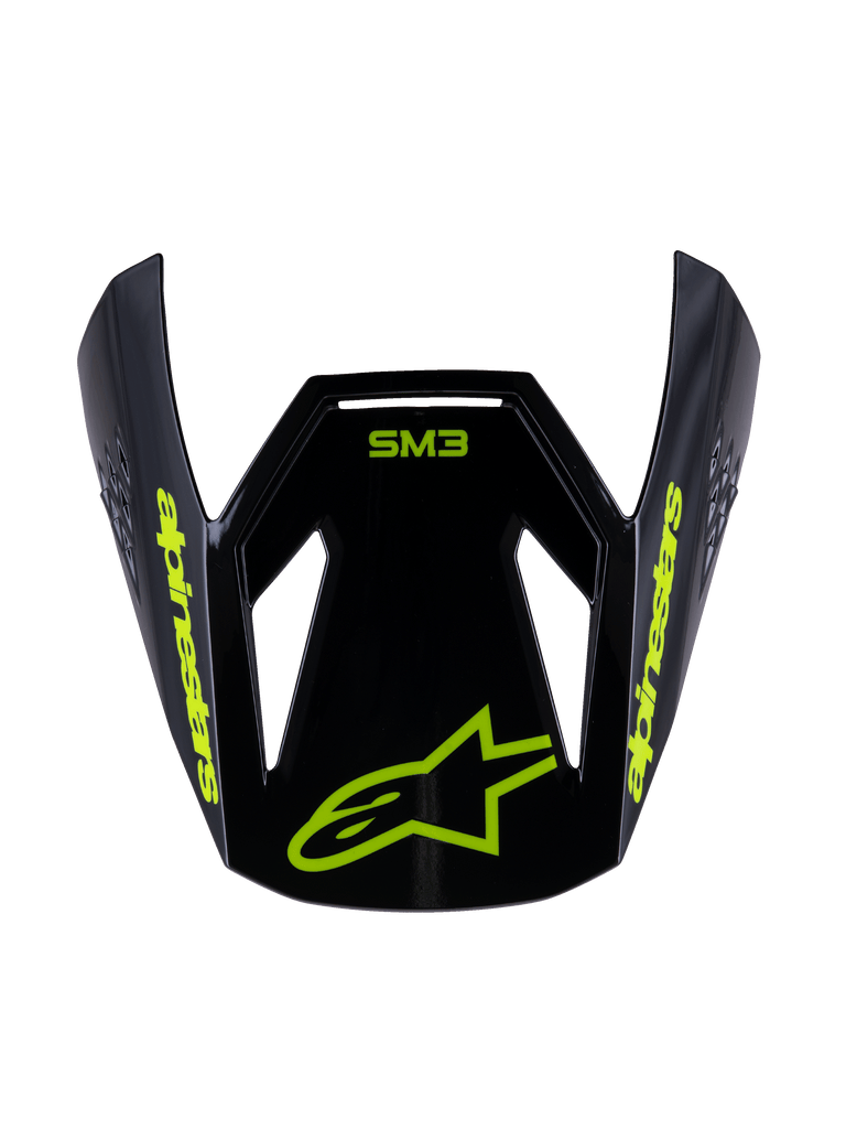 Alpinestars S-M3 Youth Radium Visor, visiera di ricambio per casco da motocross, nero e giallo fluo lucido, con marchio Alpinestars giallo e logo con stella sul davanti, design aerodinamico per caschi off-road per ragazzi
