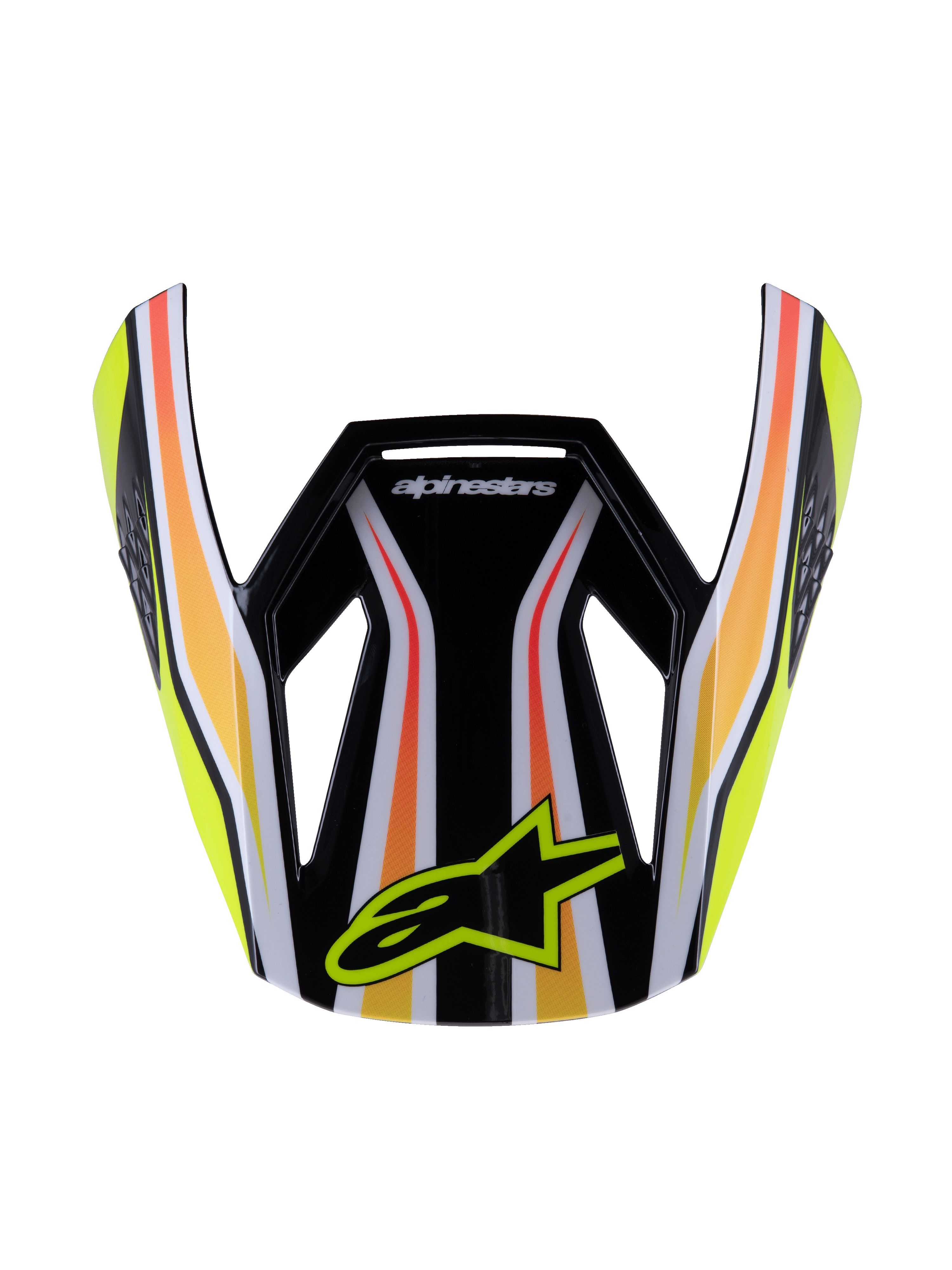 Alpinestars S-M3 Youth Wurx Visor, visiera per casco da motocross, nero con strisce gialle, arancioni e rosse, con logo Alpinestars giallo, design aerodinamico lucido, visiera di ricambio per competizioni off-road per ragazzi