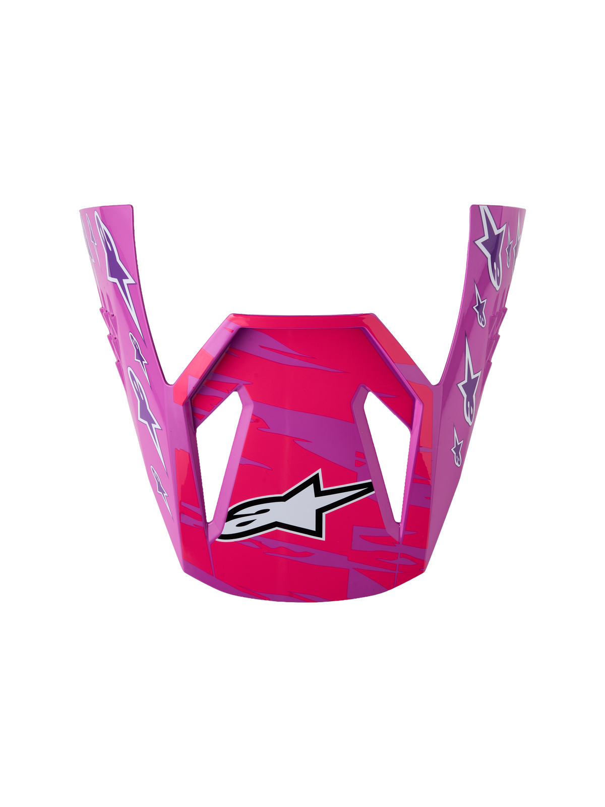 Alpinestars visiera SM3 Falcon da ragazzo, parte di ricambio per casco motocross, viola e rosa fluo lucida con loghi a stella.