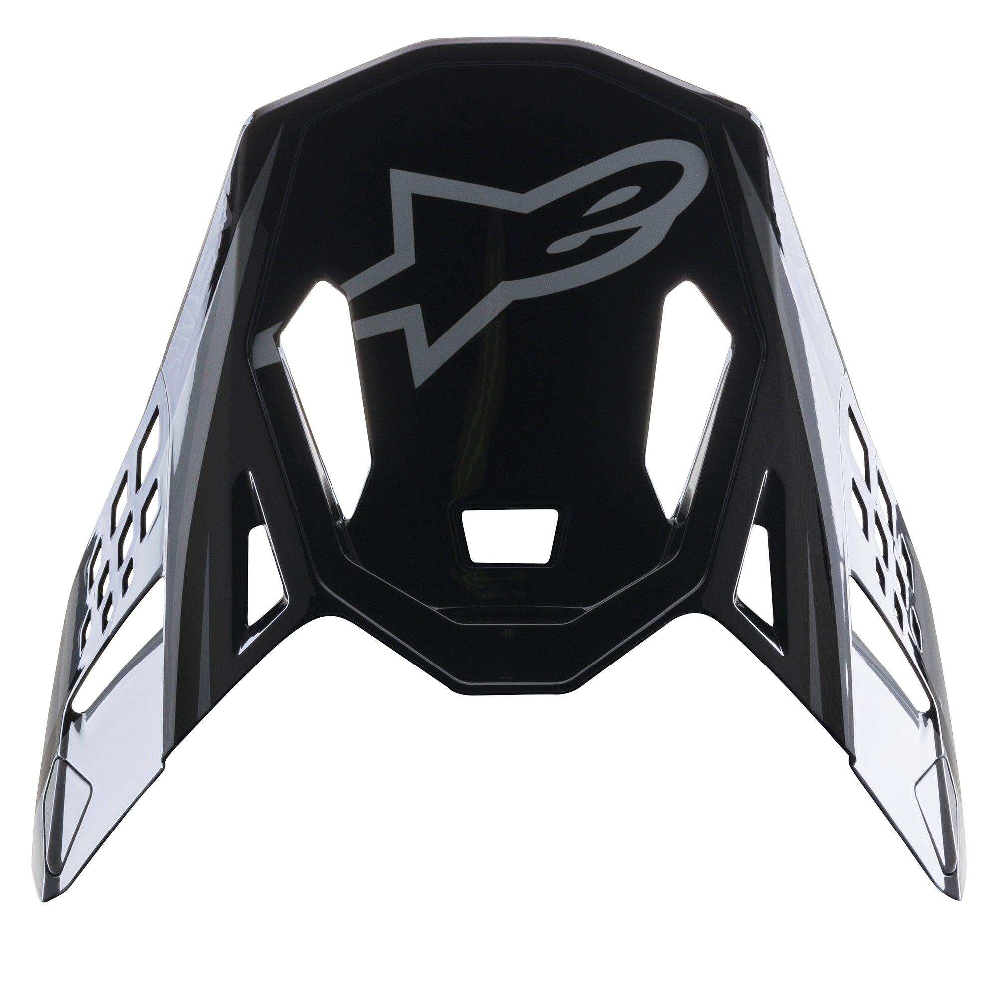 Alpinestars Supertech M10 Carbon Meta2 Visor, accessorio per casco da motocross, nero e grigio lucido, con logo A-star grigio sul davanti, design aerodinamico con aperture di ventilazione per corse fuoristrada