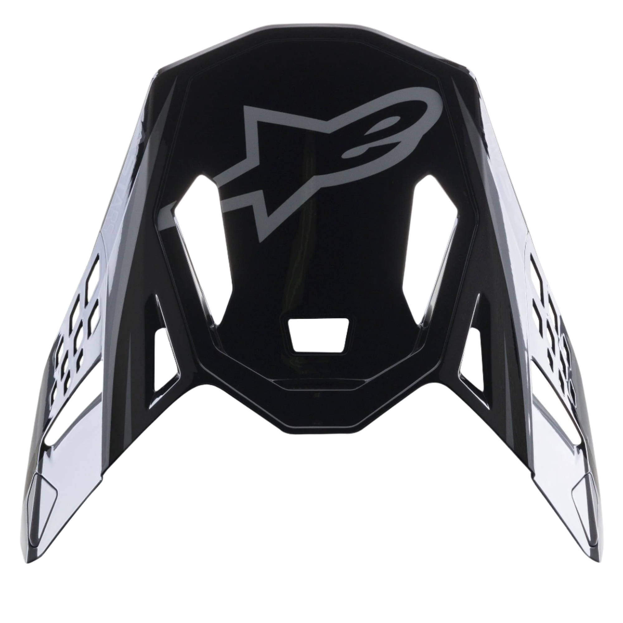 Alpinestars Visiera Supertech M10 Carbon Meta2, frontino di ricambio nero e grigio lucido, con logo Alpinestars grigio e aperture di ventilazione aerodinamiche, accessorio per casco da motocross
