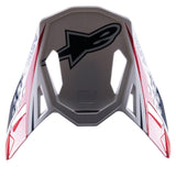 Alpinestars Supertech M10 Carbon Meta2 Visor, frontino di ricambio per casco, bianco, rosso e blu con finitura lucida, con logo Astars nero e grafiche dinamiche, progettato per caschi da motocross fuoristrada