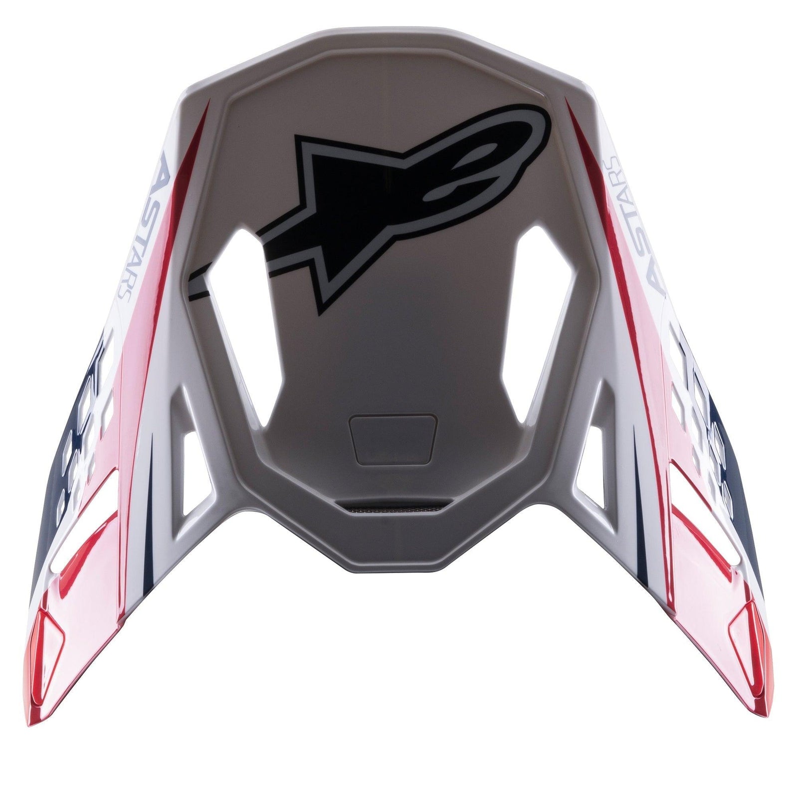 Alpinestars Supertech M10 Carbon Meta2 Visor, frontino di ricambio per casco, bianco, rosso e blu con finitura lucida, con logo Astars nero e grafiche dinamiche, progettato per caschi da motocross fuoristrada