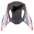 Visiera Alpinestars Supertech M10 Carbon Meta2, accessorio per casco da motocross, finitura lucida bianca, rossa e blu, con grande logo Astar nero sulla parte superiore e marchio laterale, design aerodinamico con prese d'aria per caschi off-road
