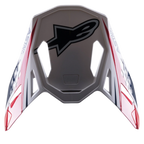 Visiera Alpinestars Supertech M10 Carbon Meta2, accessorio per casco da motocross, finitura lucida bianca, rossa e blu, con grande logo Astar nero sulla parte superiore e marchio laterale, design aerodinamico con prese d'aria per caschi off-road