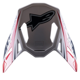 Visiera Alpinestars Supertech M10 Carbon Meta2, accessorio per casco da motocross, finitura lucida bianca, rossa e blu, con grande logo Astar nero sulla parte superiore e marchio laterale, design aerodinamico con prese d'aria per caschi off-road