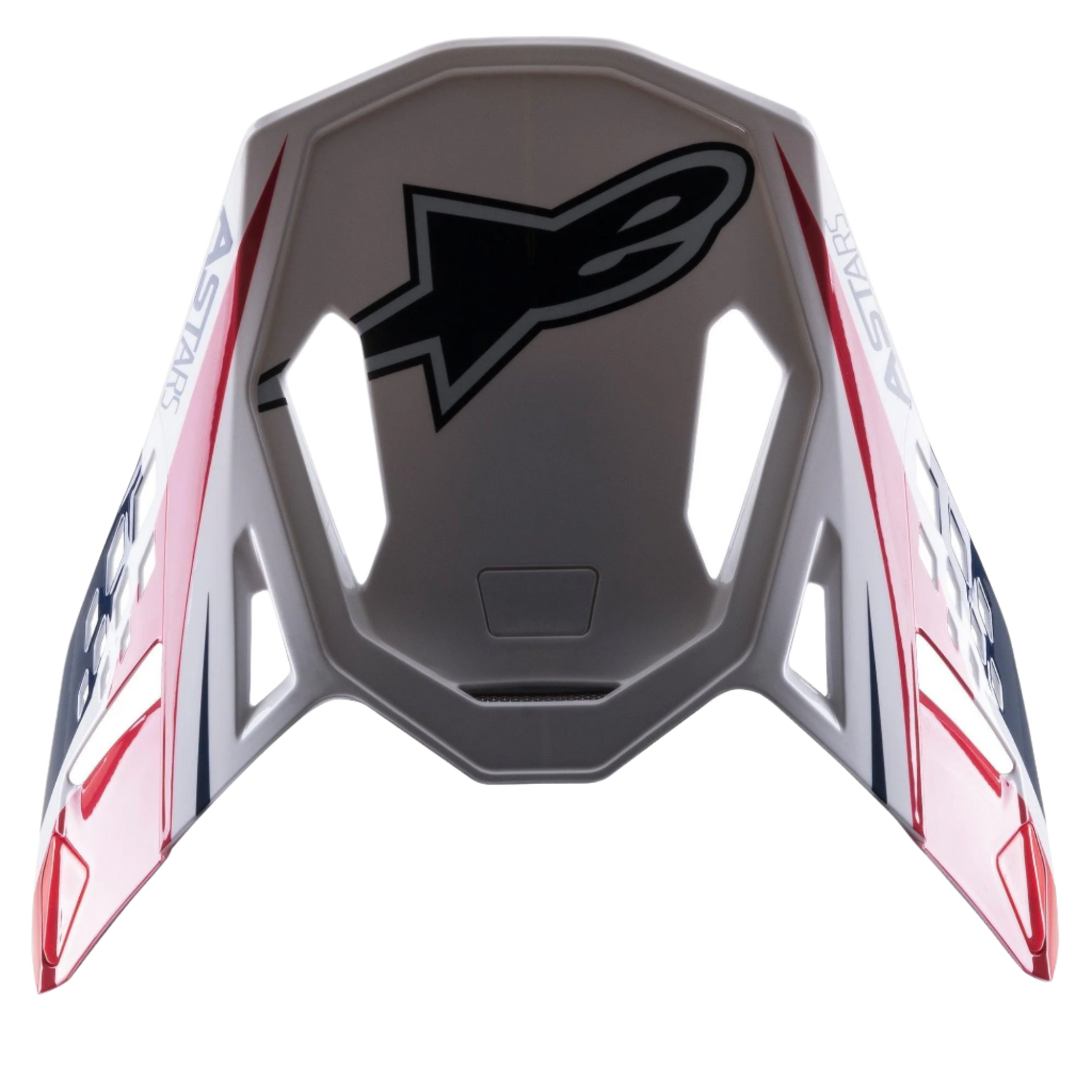 Visiera Alpinestars Supertech M10 Carbon Meta2, accessorio per casco da motocross, finitura lucida bianca, rossa e blu, con grande logo Astar nero sulla parte superiore e marchio laterale, design aerodinamico con prese d'aria per caschi off-road