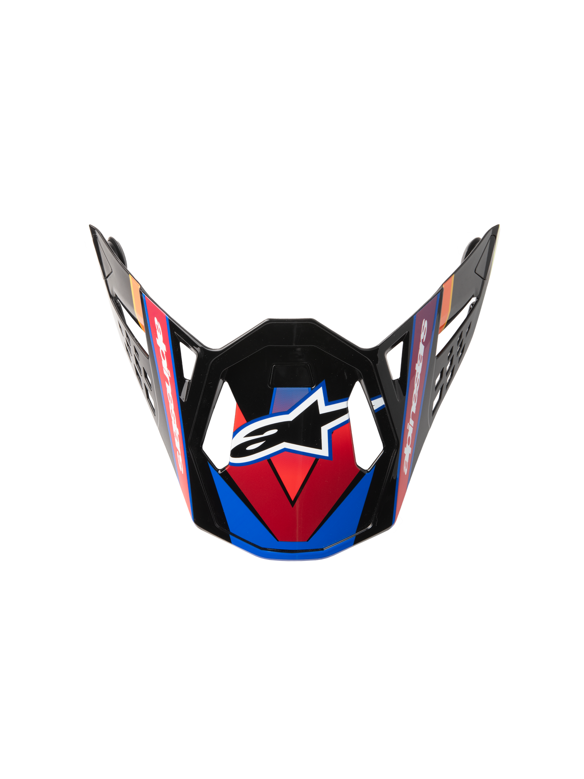 Alpinestars Visiera Supertech M10 Era, visiera di ricambio per casco da motocross, blu, rosso e giallo fluo, finitura nera lucida con grafiche angolari, logo centrale a stella bianca e intagli di ventilazione aerodinamici