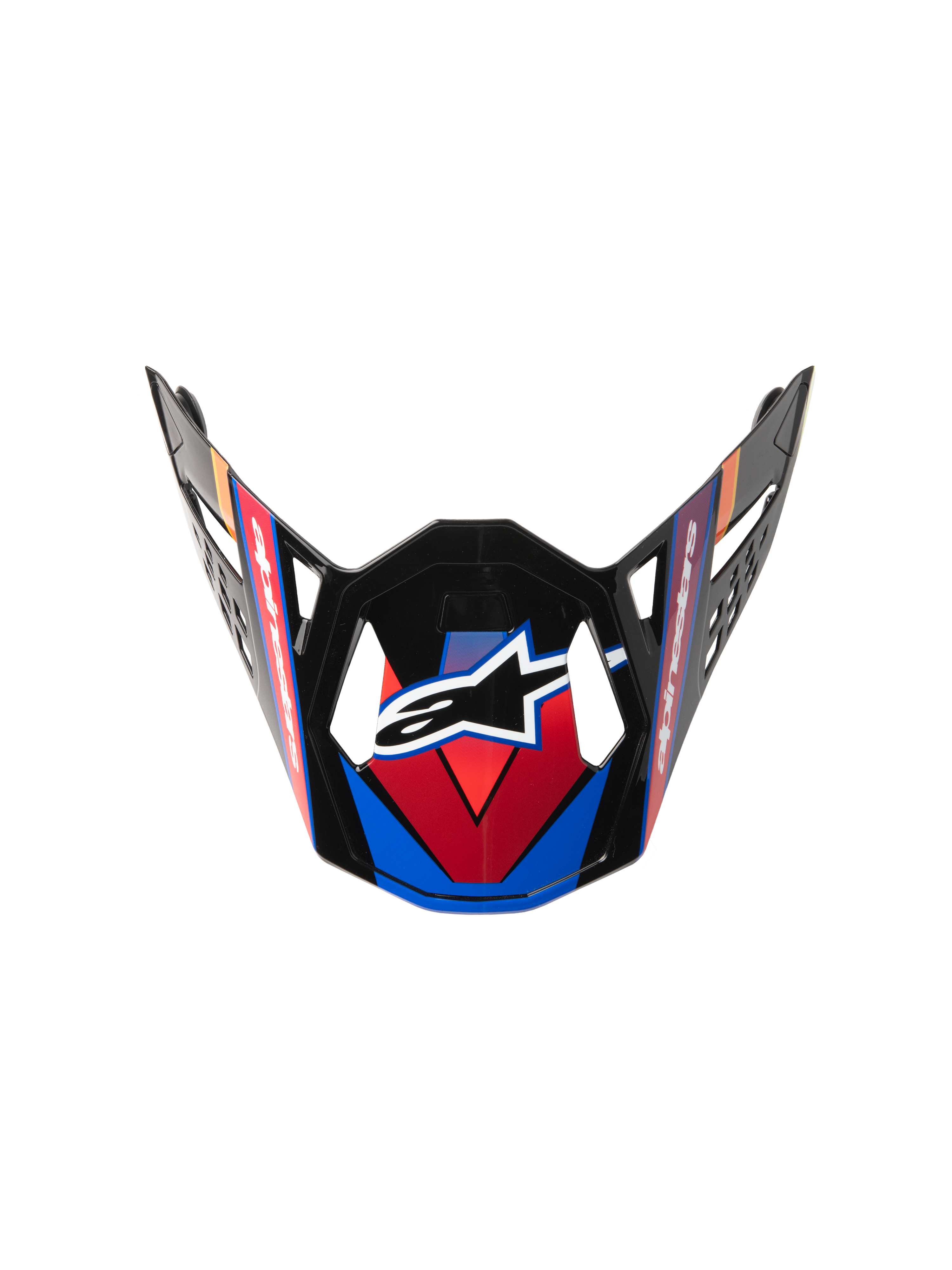 Alpinestars Visiera Supertech M10 Era, visiera di ricambio per casco da motocross, blu, rosso e giallo fluo, finitura nera lucida con grafiche angolari, logo centrale a stella bianca e intagli di ventilazione aerodinamici