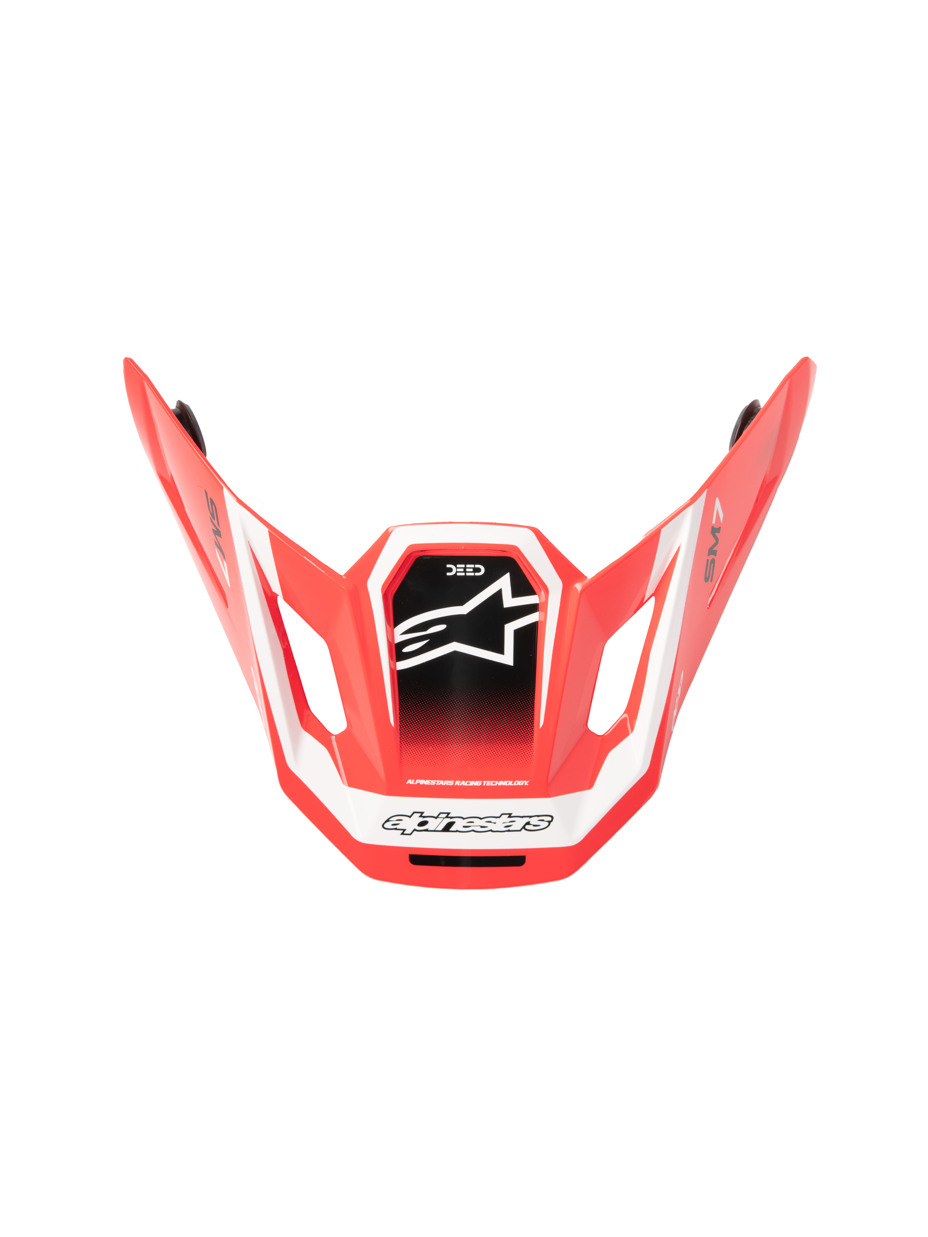 Alpinestars S-M7 Deed ECE06 Visor, visiera per casco da motocross, rosso, nero e bianco lucido, design aerodinamico angolare con logo a stella bianco su pannello centrale nero, branding SM7 e Deed, finitura lucida per prestazioni off-road