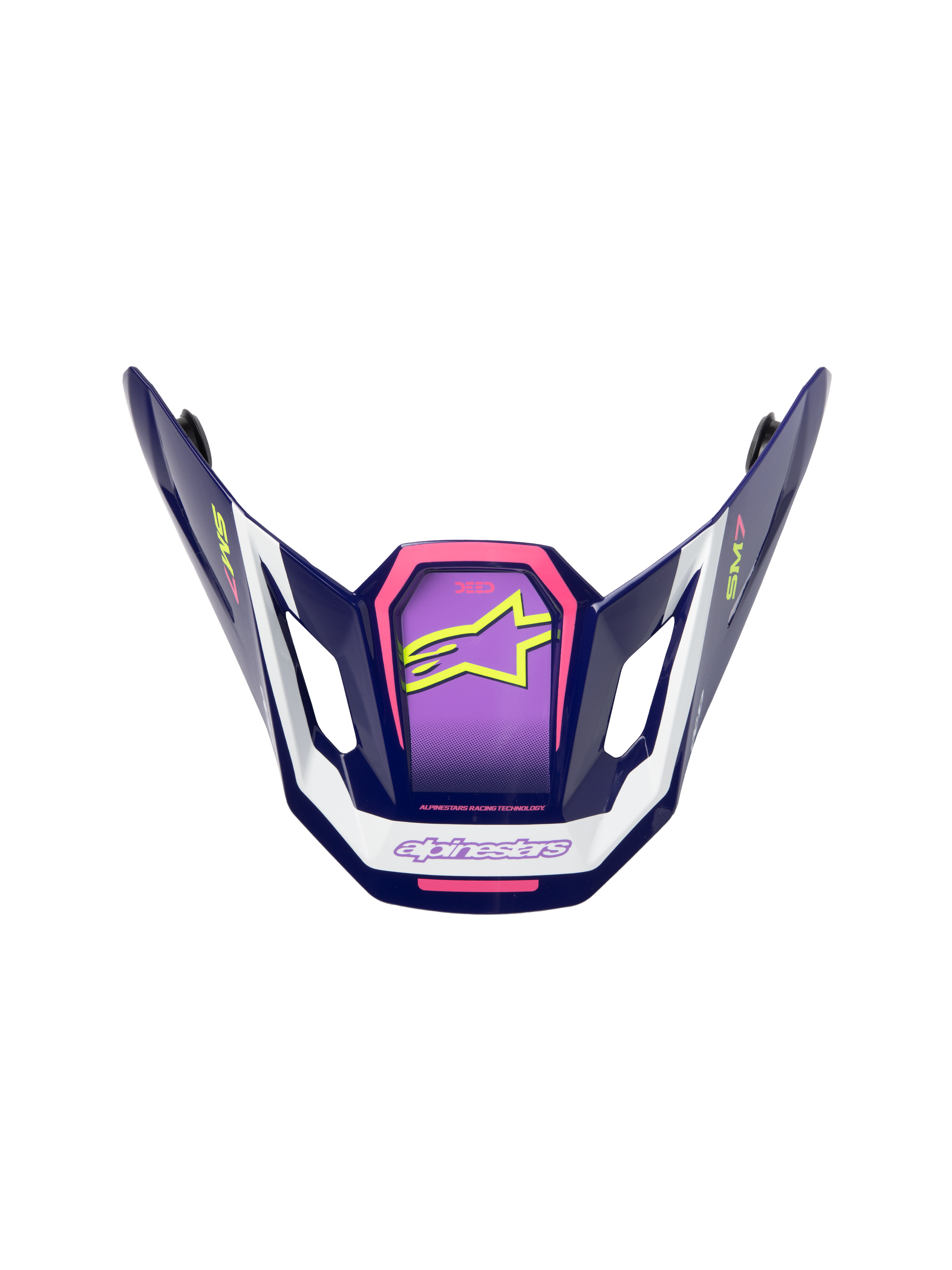 Alpinestars S-M7 Deed Visor, visiera per casco motocross, viola, rosa e bianco, finitura lucida con logo a stella giallo neon e marchio SM7, design aerodinamico angolare per competizioni fuoristrada