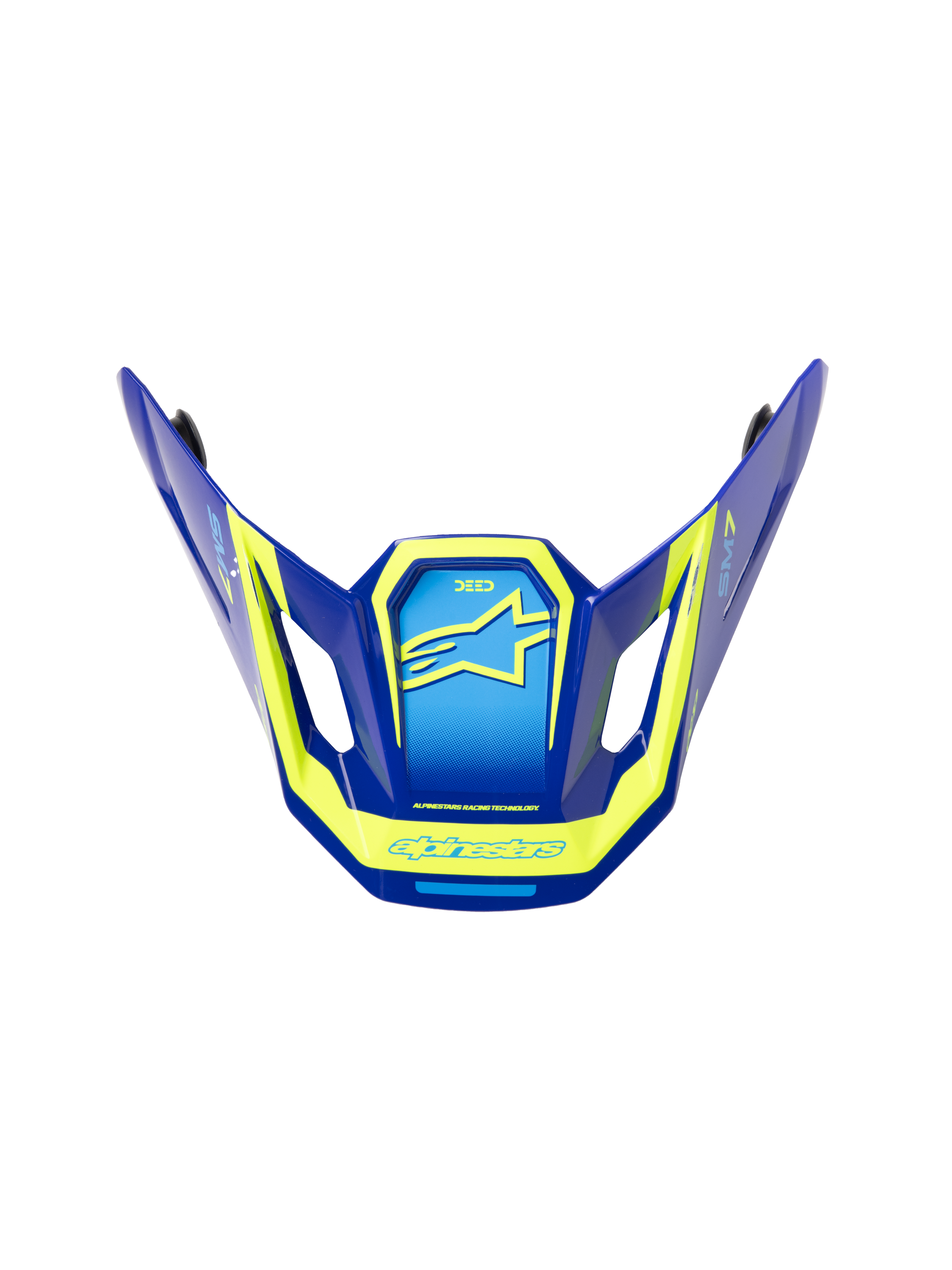 Alpinestars S-M7 Deed ECE06 Visor, visiera di ricambio per casco da motocross, blu e giallo fluo con finitura lucida, design aerodinamico angolare con prese d'aria laterali, caratterizzata da loghi e grafiche Alpinestars gialli in evidenza
