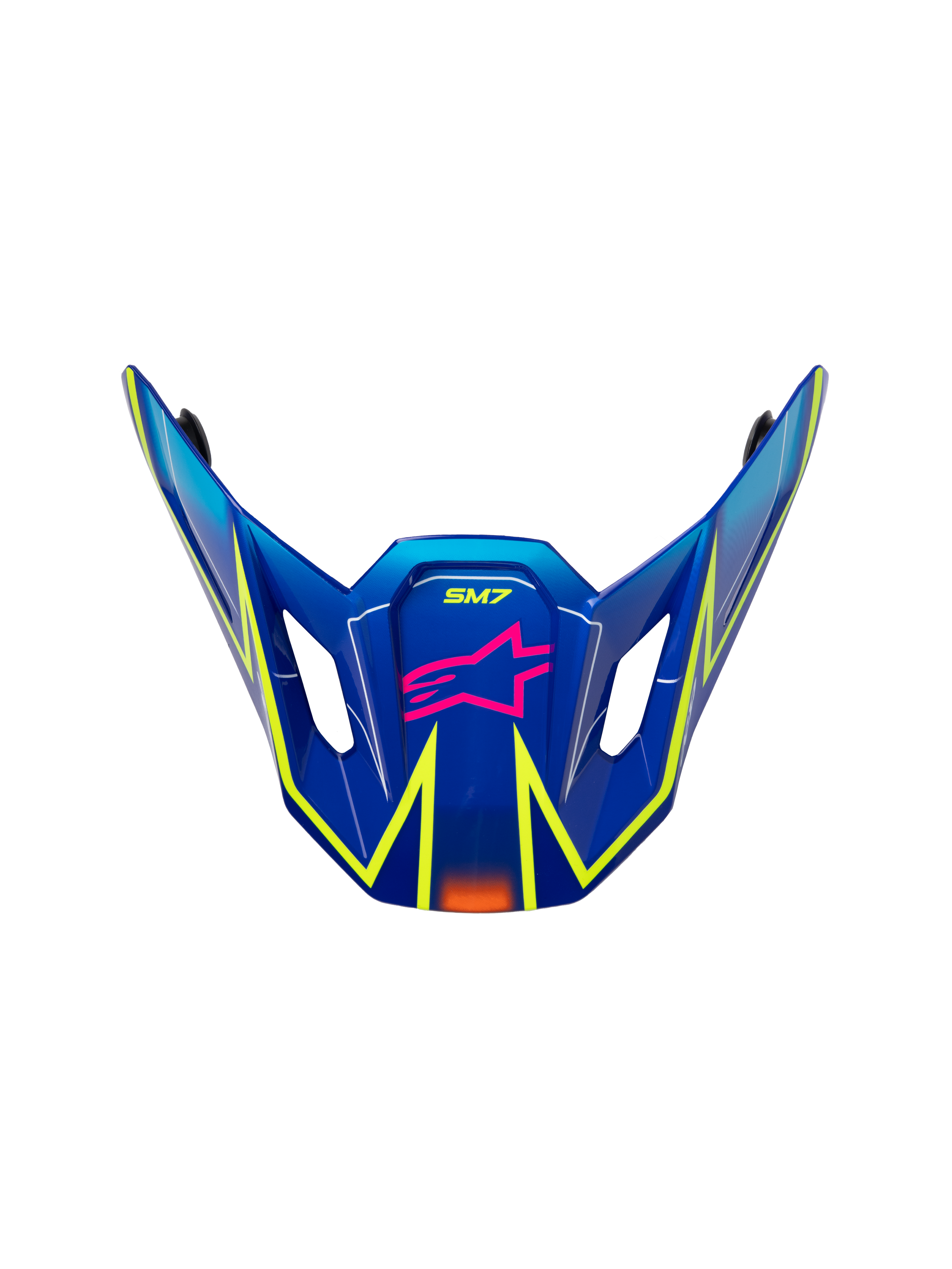 Alpinestars S-M7 Cast Visor, frontino di ricambio per casco da motocross, blu lucido con accenti rosa e giallo fluo, con logo a stella rosa e marchio SM7, design aerodinamico con prese d'aria laterali