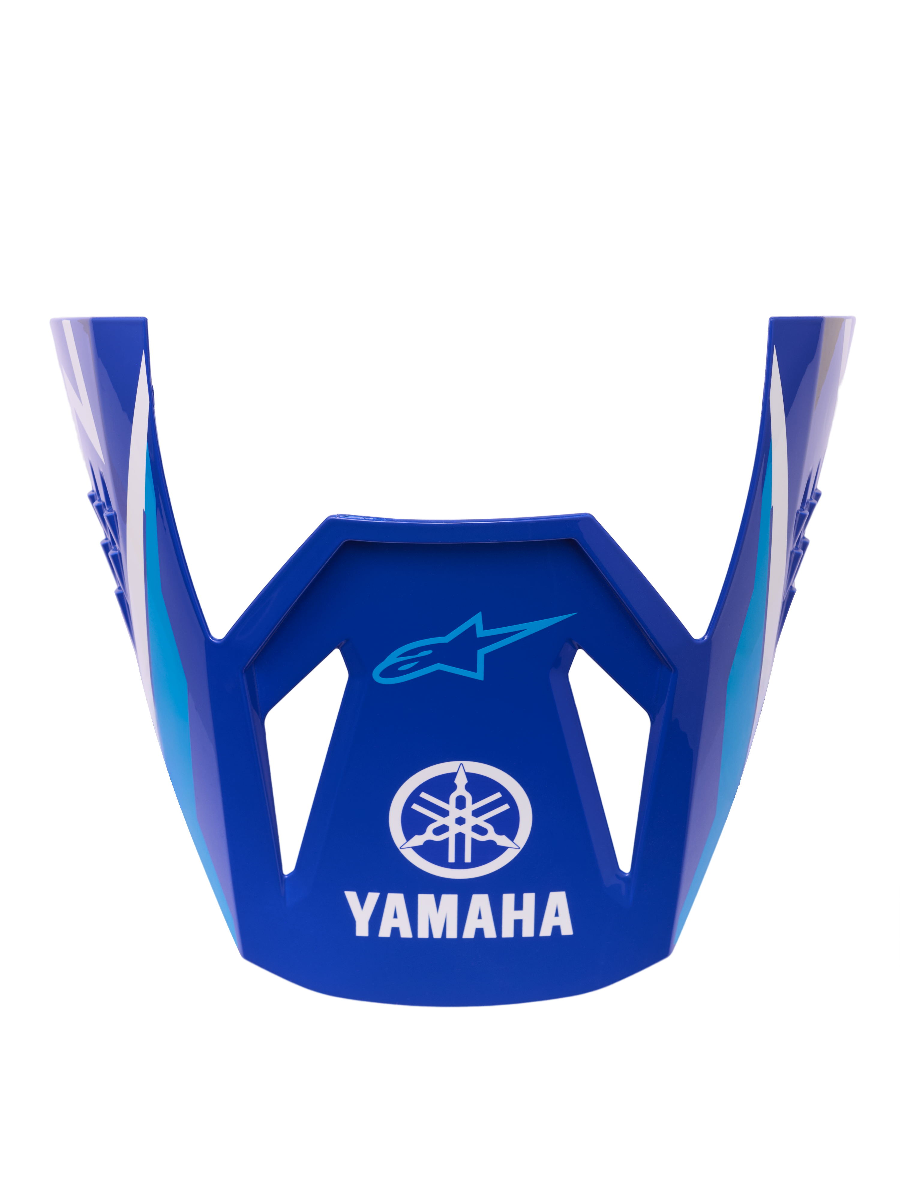 Alpinestars Yamaha S-M3 Visiera ECE 22.06, visiera di ricambio per casco, blu lucido con accenti geometrici bianchi e azzurri, con logo Yamaha bianco e marchio Alpinestars Astar blu, ricambio ufficiale per caschi da motocross