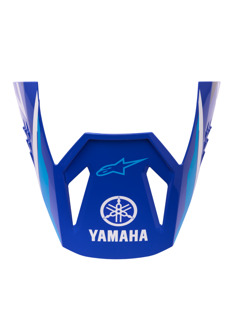 Alpinestars Yamaha S-M3 Visiera ECE 22.06, visiera di ricambio per casco, blu lucido con accenti geometrici bianchi e azzurri, con logo Yamaha bianco e marchio Alpinestars Astar blu, ricambio ufficiale per caschi da motocross