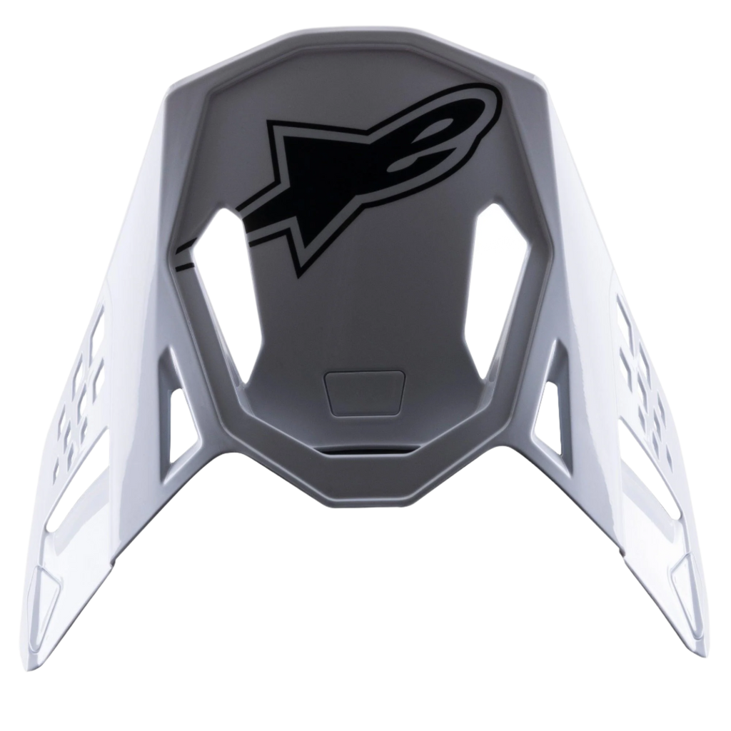 Alpinestars S-M8 Factory Visor, frontino di ricambio per casco da motocross, bianco con logo Alpinestars nero, finitura lucida, design aerodinamico con intagli di ventilazione