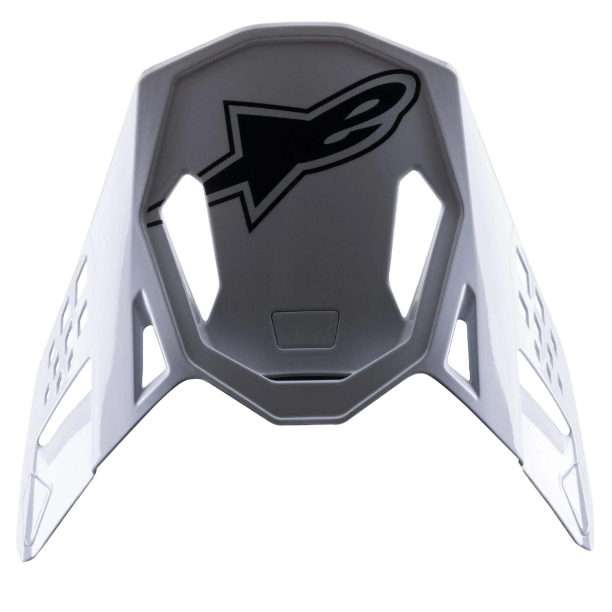 Alpinestars S-M8 Factory Visor, frontino di ricambio per casco da motocross, bianco con logo Alpinestars nero, finitura lucida, design aerodinamico con intagli di ventilazione