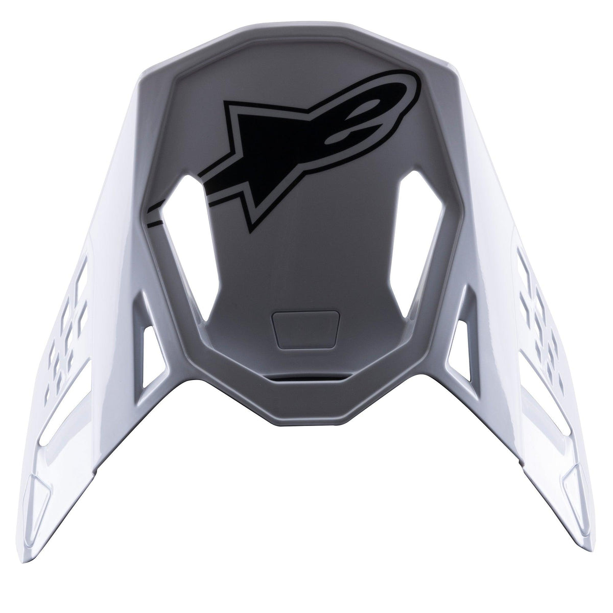 Visiera Alpinestars S-M8 Factory, accessorio per casco da motocross, bianca con logo Alpinestars nero, frontino di ricambio con aperture aerodinamiche e design a scatto per caschi Supertech M8