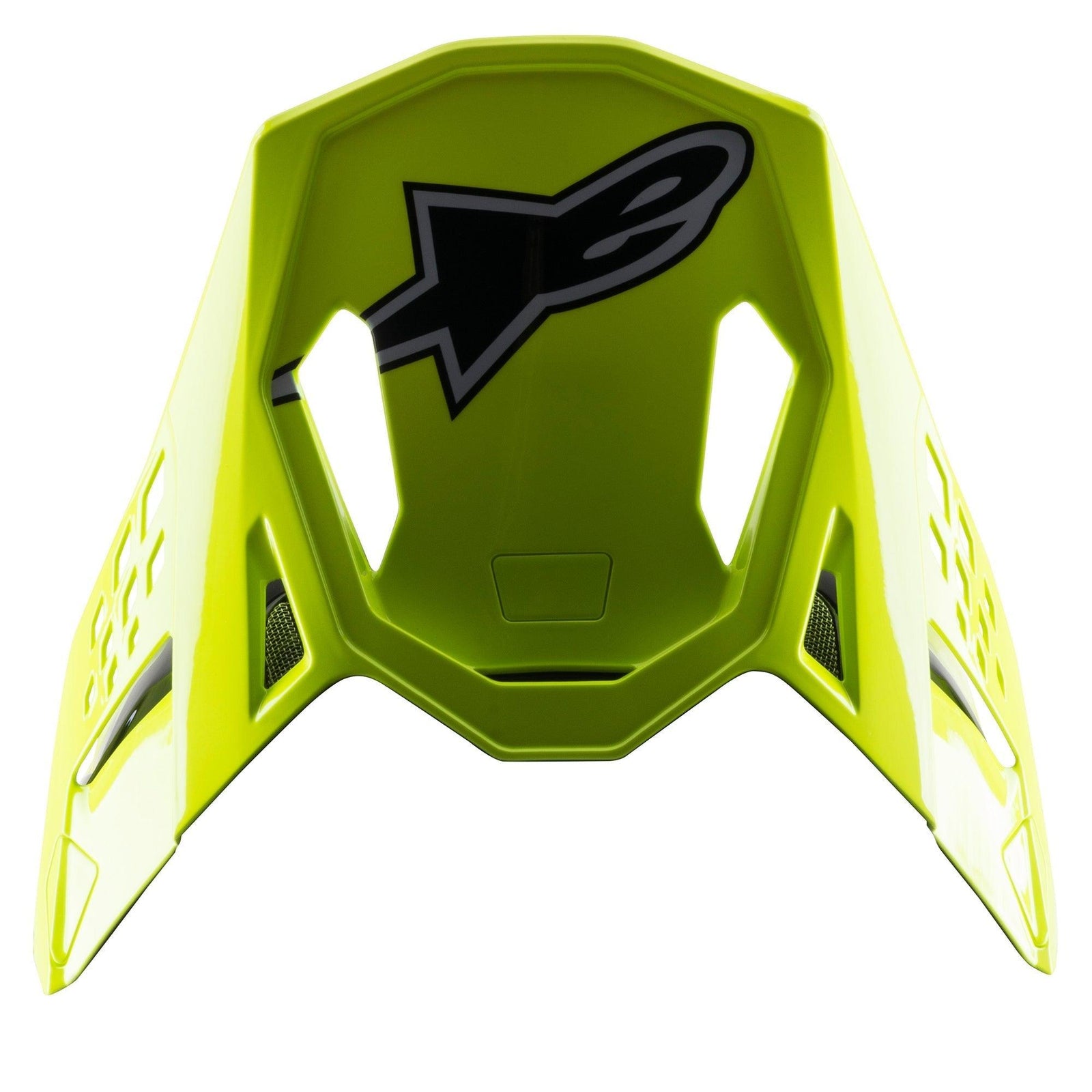 Visiera Alpinestars S-M8 Factory, frontino di ricambio per casco da motocross, giallo fluo brillante lucido, con logo Alpinestars nero e aperture aerodinamiche, compatibile con i caschi Supertech M8