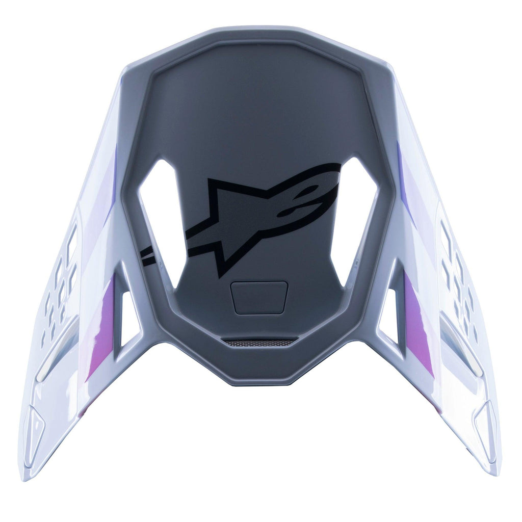 Alpinestars Supertech M10 Daytona 23 LE Visor, visiera di ricambio per motocross, grigio Haze con accenti viola e bianchi, con logo nero sulla parte interna, design leggero e ventilato per gare MX