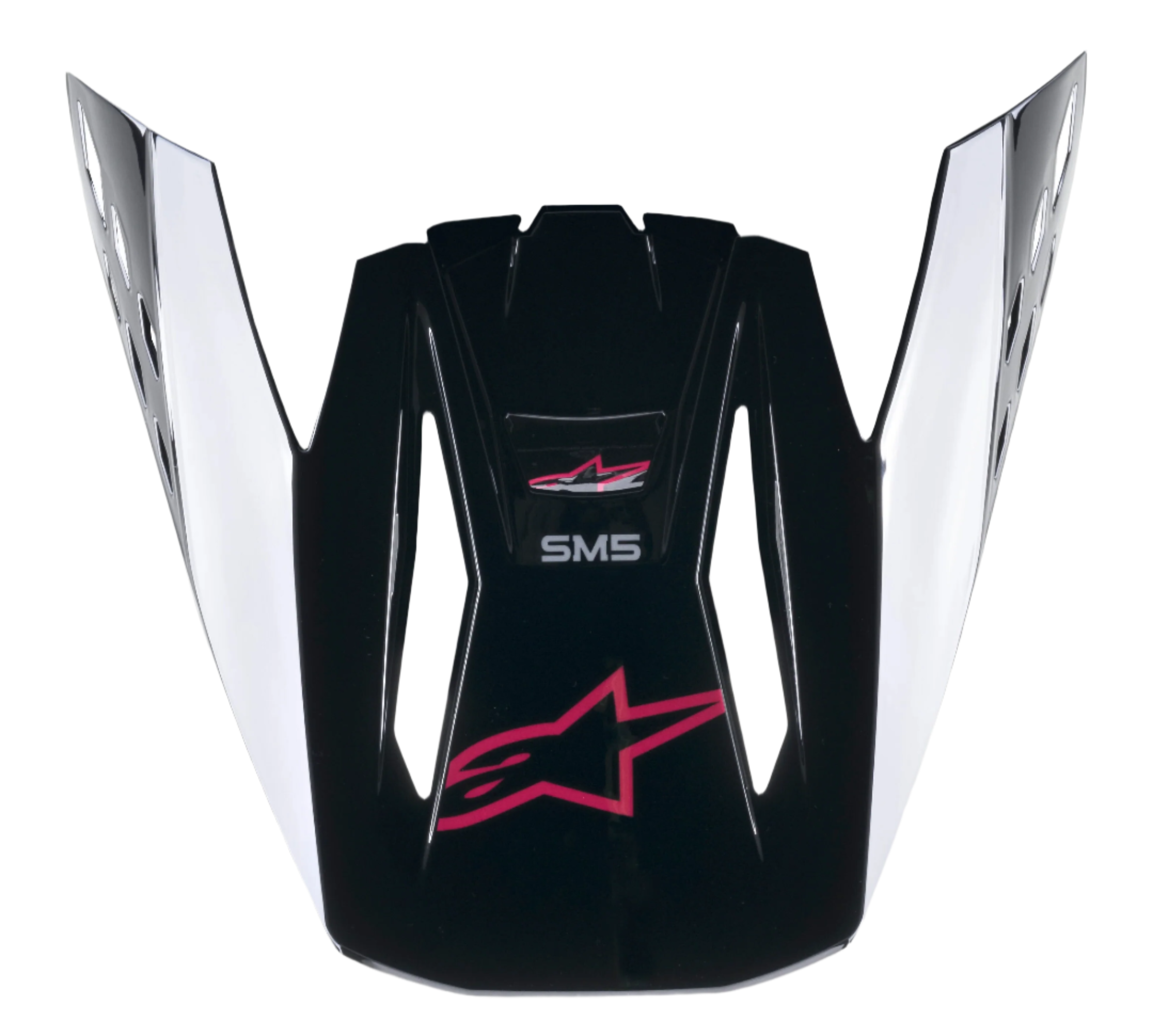 Visiera Alpinestars S-M5 Compass, frontino per casco da motocross, nero Diva Pink lucido, con logo Astars rosa e dettagli laterali bianchi, visiera di ricambio per caschi off-road Supertech M5