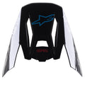 Alpinestars Visiera S-M5 Bond, frontino di ricambio per casco da motocross, nero ciano lucido, con logo a stella Alpinestars blu e pannelli laterali bianchi con scritta 'ASTARS', progettata per corse fuoristrada