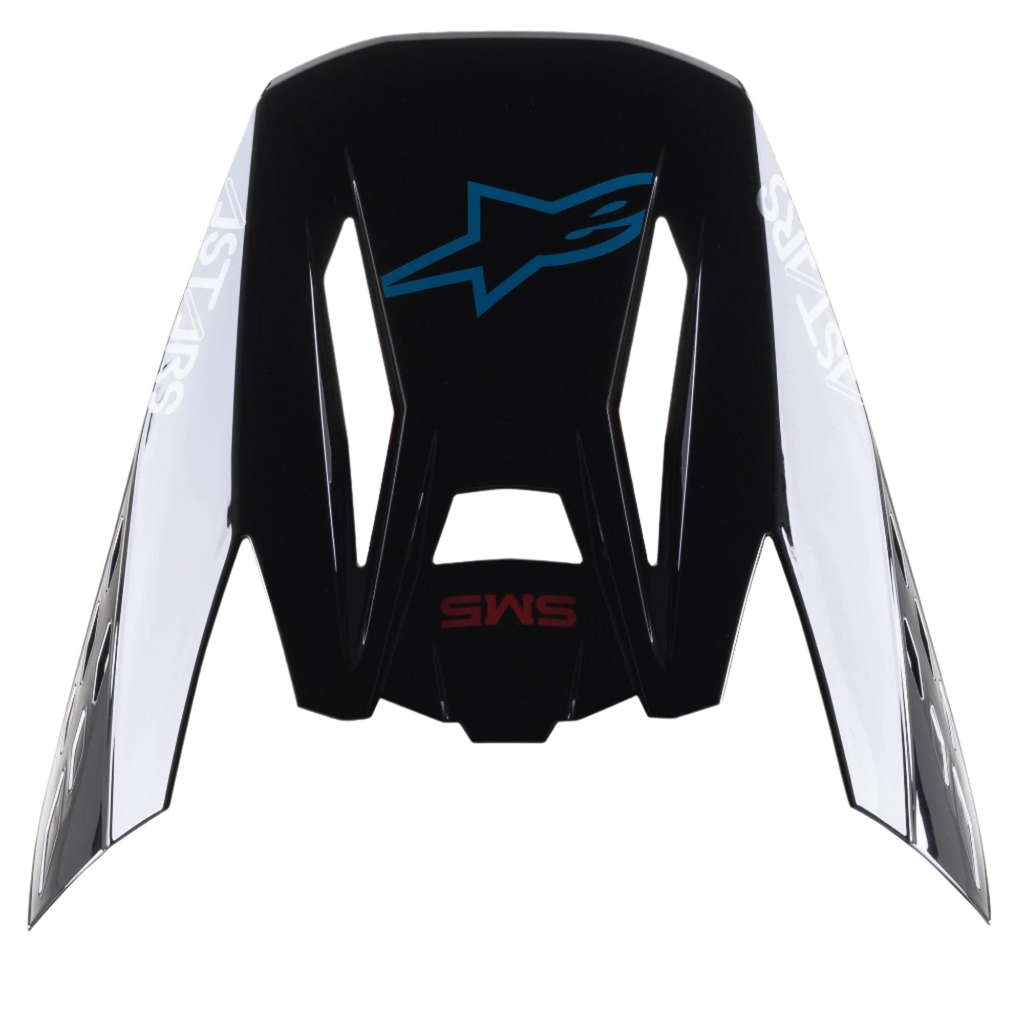 Visiera Alpinestars S-M5 Bond, visiera di ricambio per caschi da motocross, Nero Ciano Lucido con branding laterale Astars bianco, vista dall'alto con logo a stella blu e scritta SM5 rossa