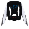 Visiera Alpinestars S-M5 Bond, visiera di ricambio per caschi da motocross, Nero Ciano Lucido con branding laterale Astars bianco, vista dall'alto con logo a stella blu e scritta SM5 rossa