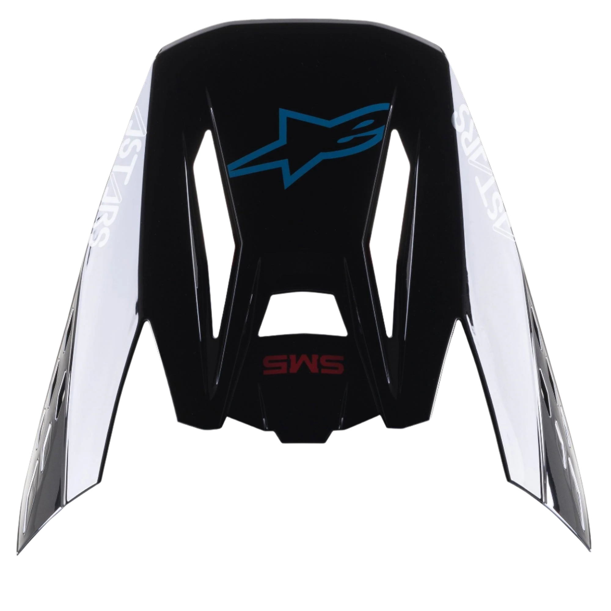 Visiera Alpinestars S-M5 Bond, visiera di ricambio per caschi da motocross, Nero Ciano Lucido con branding laterale Astars bianco, vista dall'alto con logo a stella blu e scritta SM5 rossa