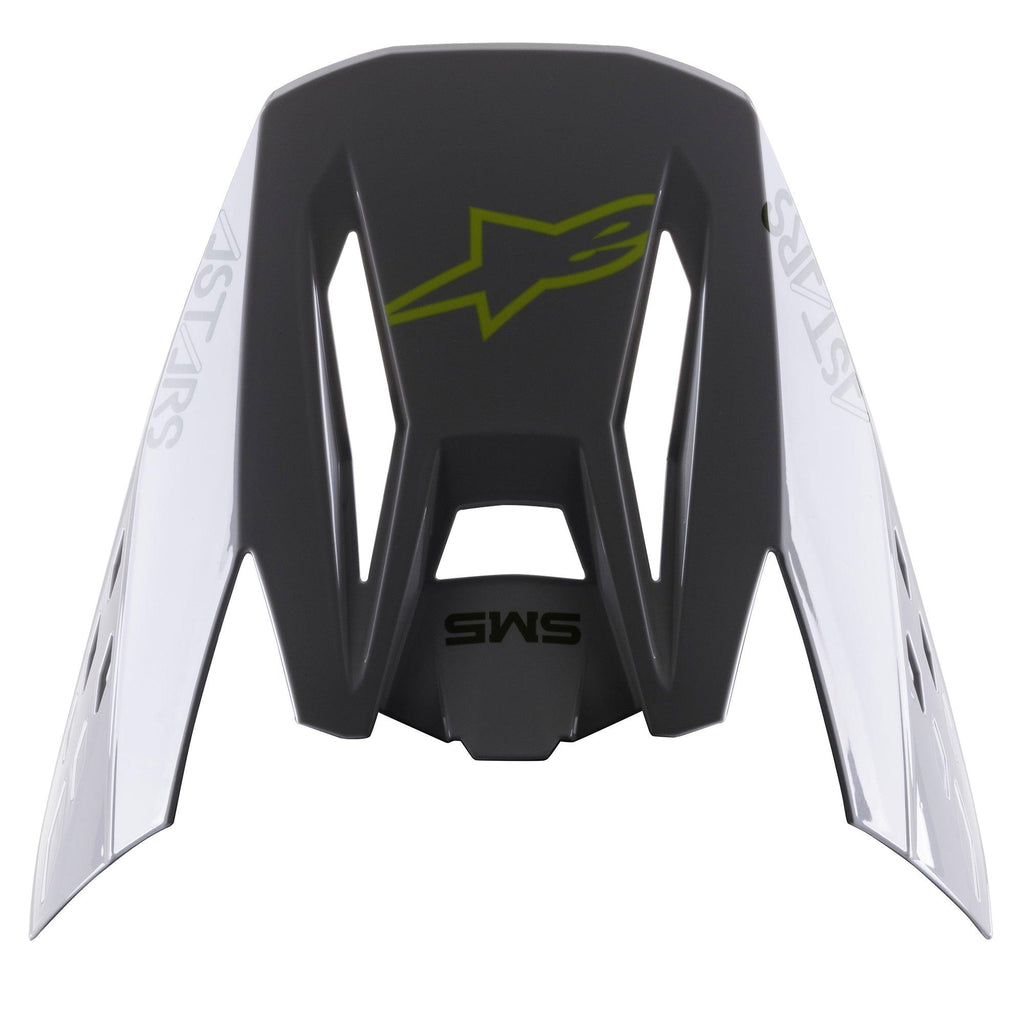 Visiera Alpinestars S-M5 Bond, frontino di ricambio per casco, Argento Giallo Fluo Lucido, con logo a stella centrale giallo fluo, scritta SM5 e pannelli laterali bianchi con marchio ASTARS, finitura lucida per protezione motocross