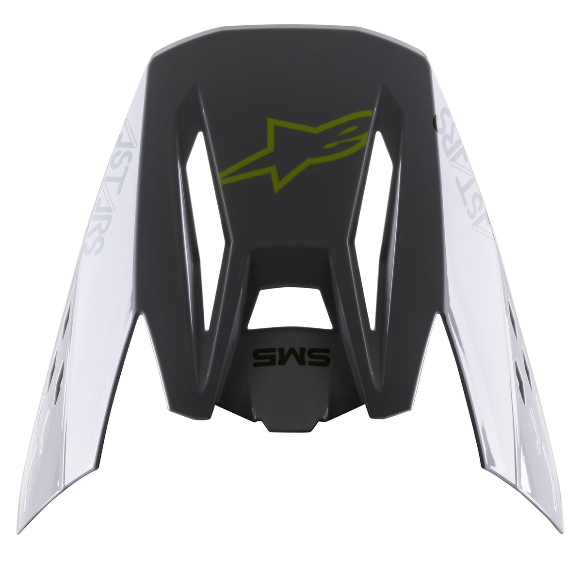 Visiera Alpinestars S-M5 Bond, frontino di ricambio per casco, Argento Giallo Fluo Lucido, con logo a stella centrale giallo fluo, scritta SM5 e pannelli laterali bianchi con marchio ASTARS, finitura lucida per protezione motocross