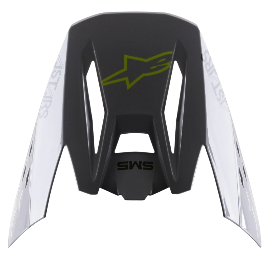 Visiera Alpinestars S-M5 Bond, accessorio per casco, argento e giallo fluo lucido, sezione centrale grigio scuro con logo giallo fluo, pannelli laterali argento con marchio Astars, finitura lucida, frontino di ricambio per caschi da motocross S-M5