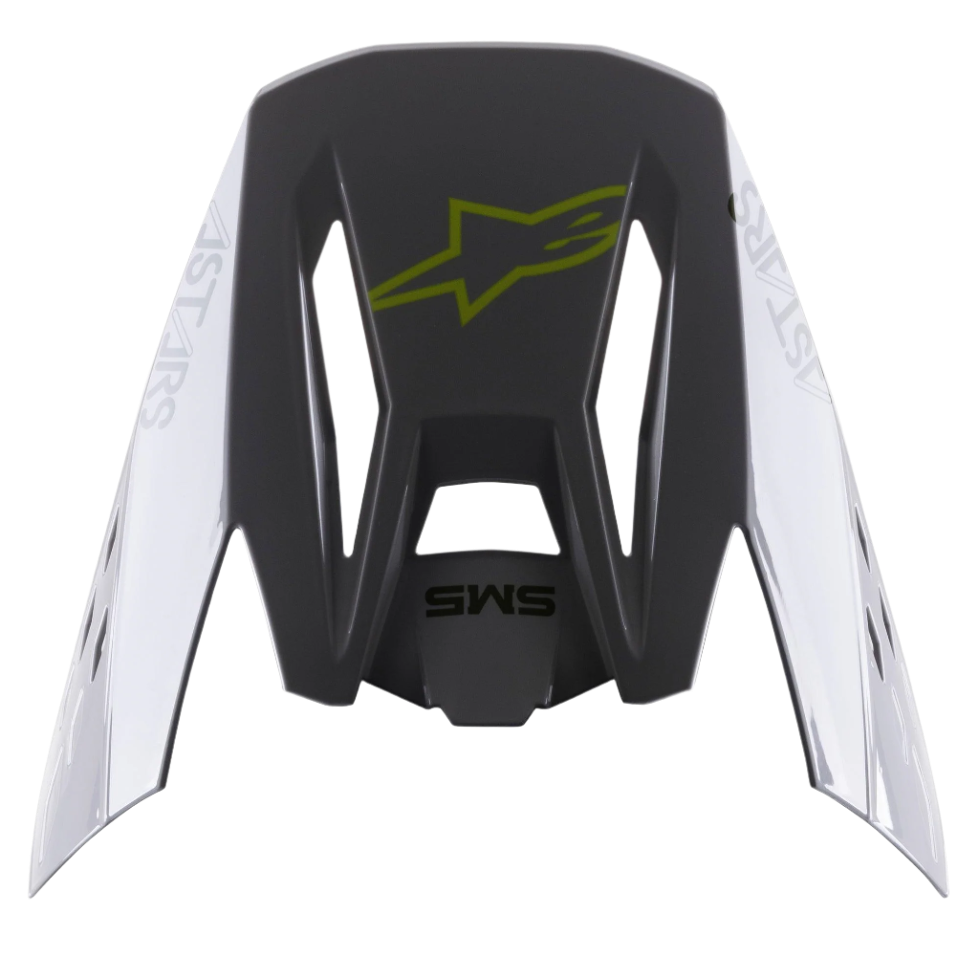 Visiera Alpinestars S-M5 Bond, accessorio per casco, argento e giallo fluo lucido, sezione centrale grigio scuro con logo giallo fluo, pannelli laterali argento con marchio Astars, finitura lucida, frontino di ricambio per caschi da motocross S-M5