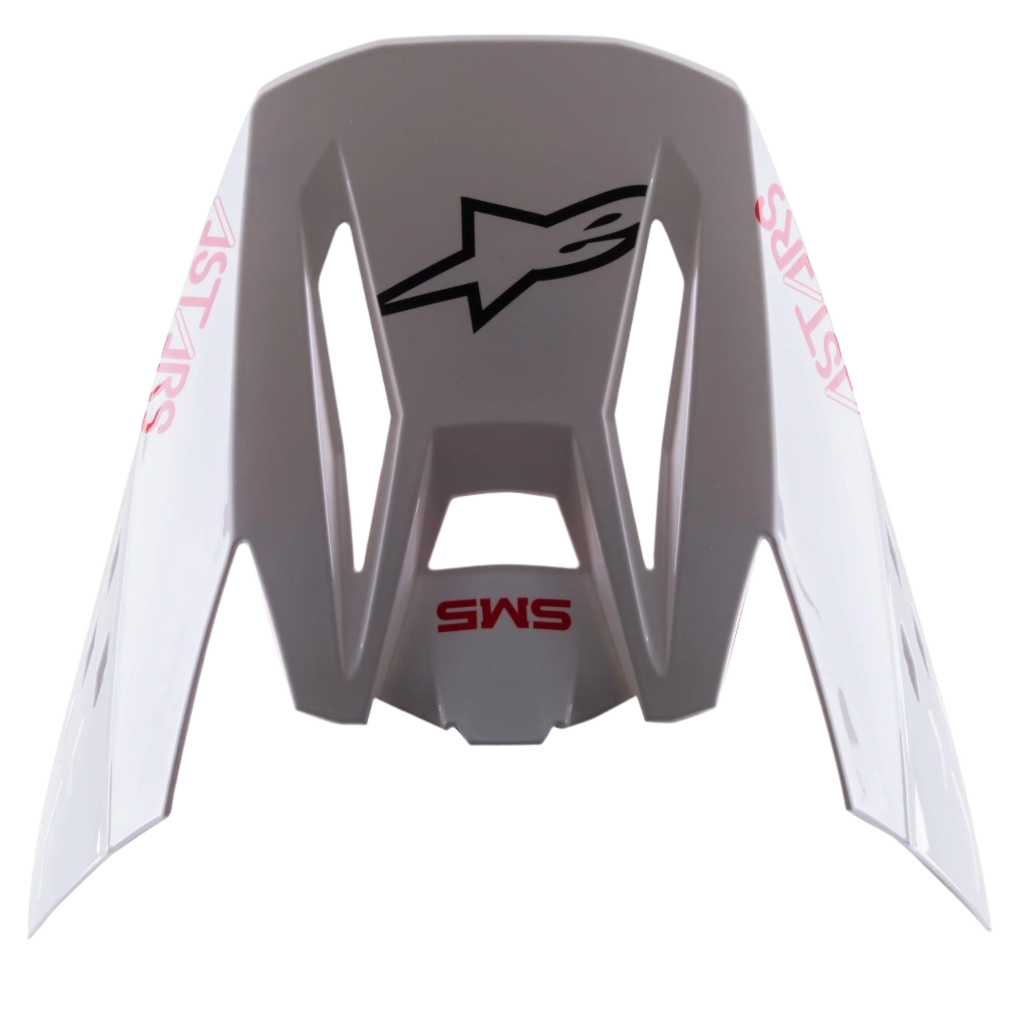 Alpinestars Visiera S-M5 Bond Bianco Rosso Lucido, frontino di ricambio per casco da motocross, finitura bianca lucida con loghi 'SM5' e 'ASTARS' rossi, logo a stella nero centrale, accessorio ad aggancio rapido per fuoristrada