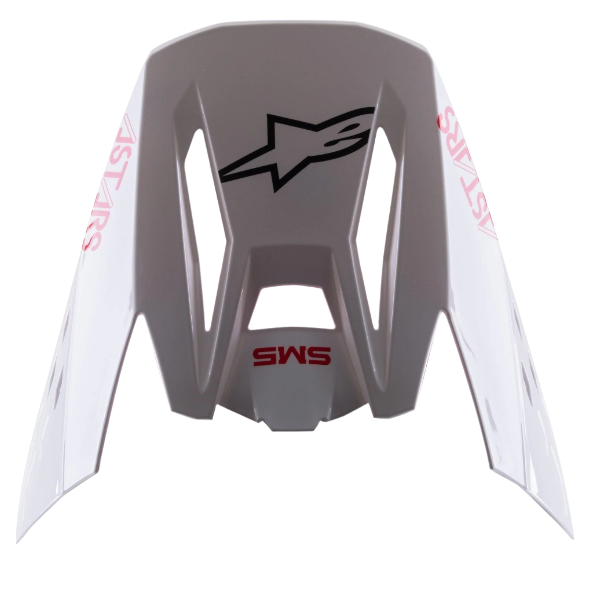 Alpinestars Visiera S-M5 Bond Bianco Rosso Lucido, frontino di ricambio per casco da motocross, finitura bianca lucida con loghi 'SM5' e 'ASTARS' rossi, logo a stella nero centrale, accessorio ad aggancio rapido per fuoristrada