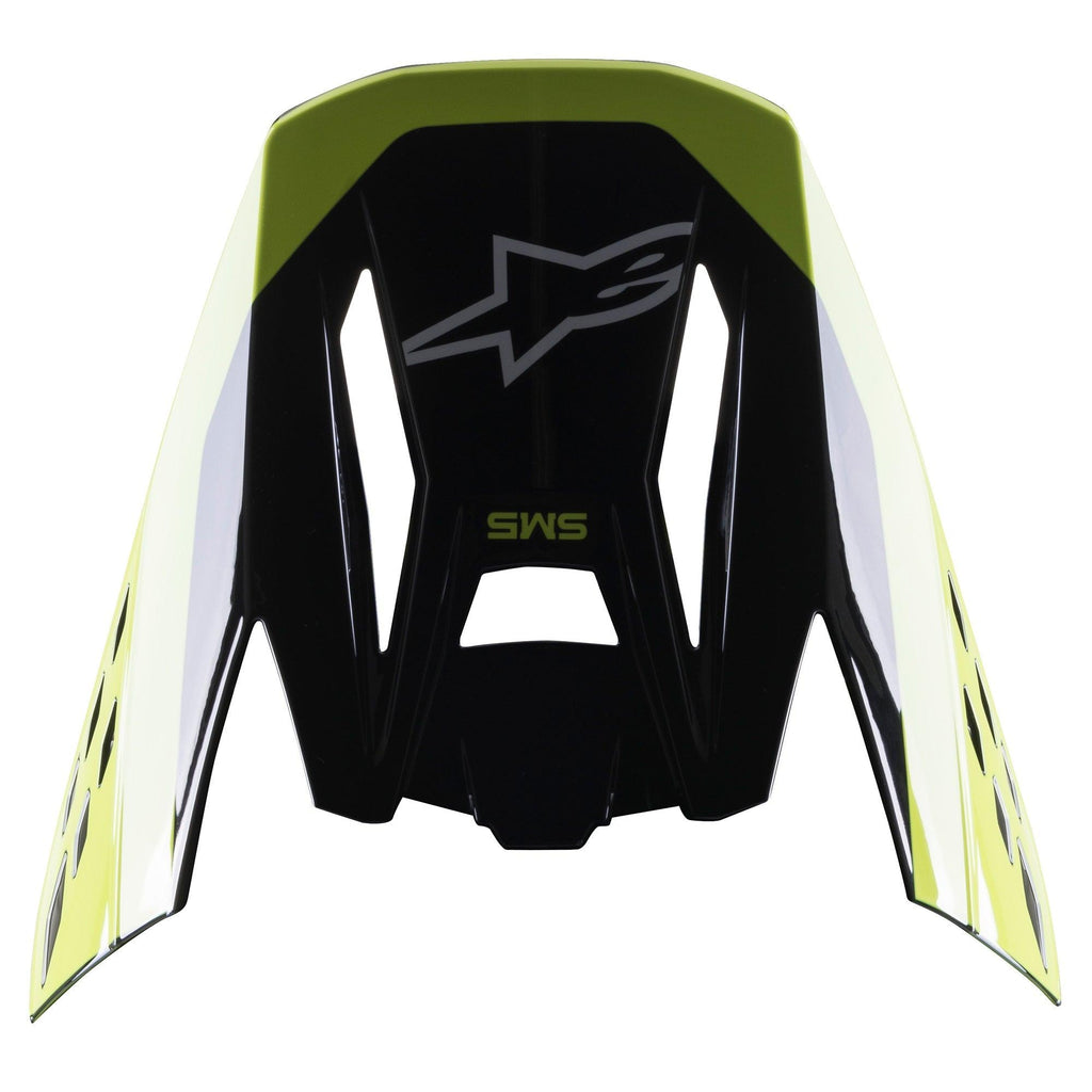 Alpinestars S-M5 Beam Visor, visiera per casco da motocross, nero e giallo fluo lucido, con logo Alpinestars e marchio S-M5, finitura lucida per caschi da off-road