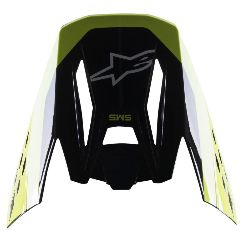 Alpinestars Visiera S-M5 Beam, accessorio per casco, nero e giallo fluo lucido, con logo a stella Alpinestars e marchio SM5, visiera di ricambio per caschi da motocross